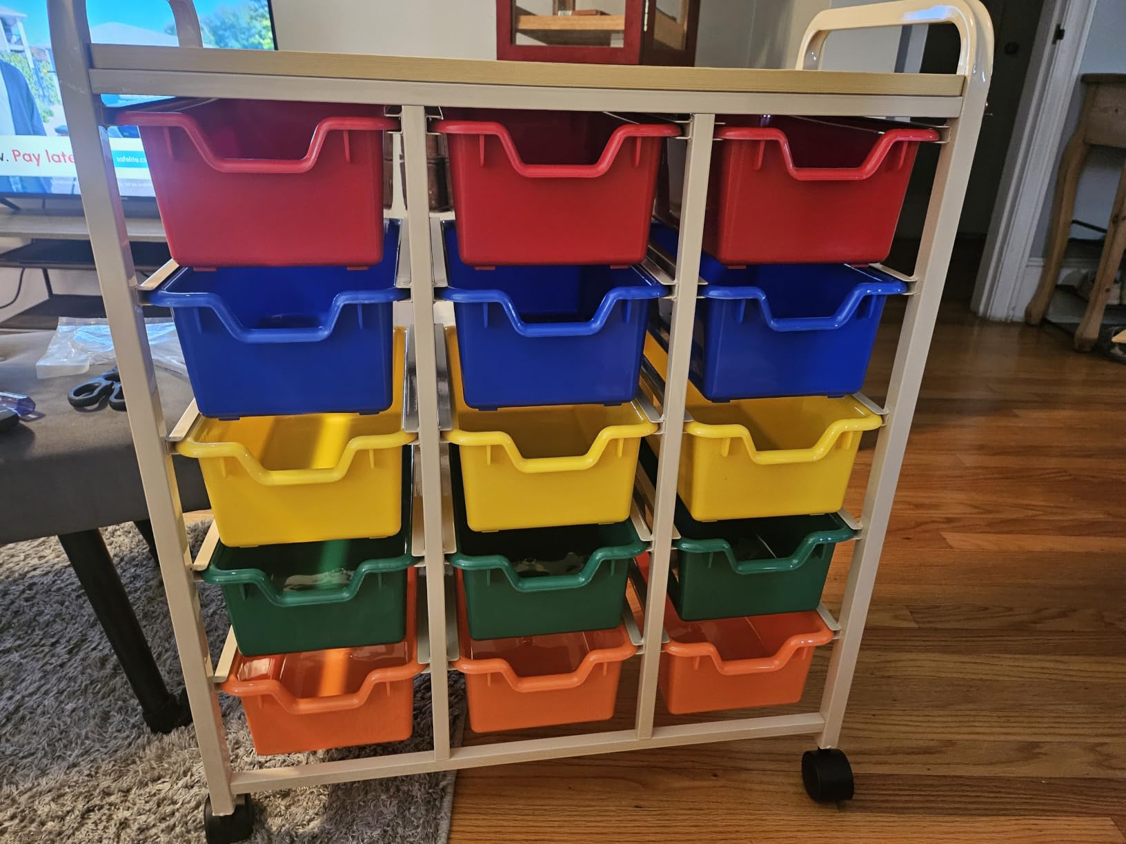 ECR4Kids 15-Bin Mobile Organizer with Shelf, Removable Bins, Sand/Assorted | Durable plastic bins, steel frame, GREENGUARD Gold Certified, 75 lb capacity, rolling casters, craft supplies, classroom/home customer photo 1