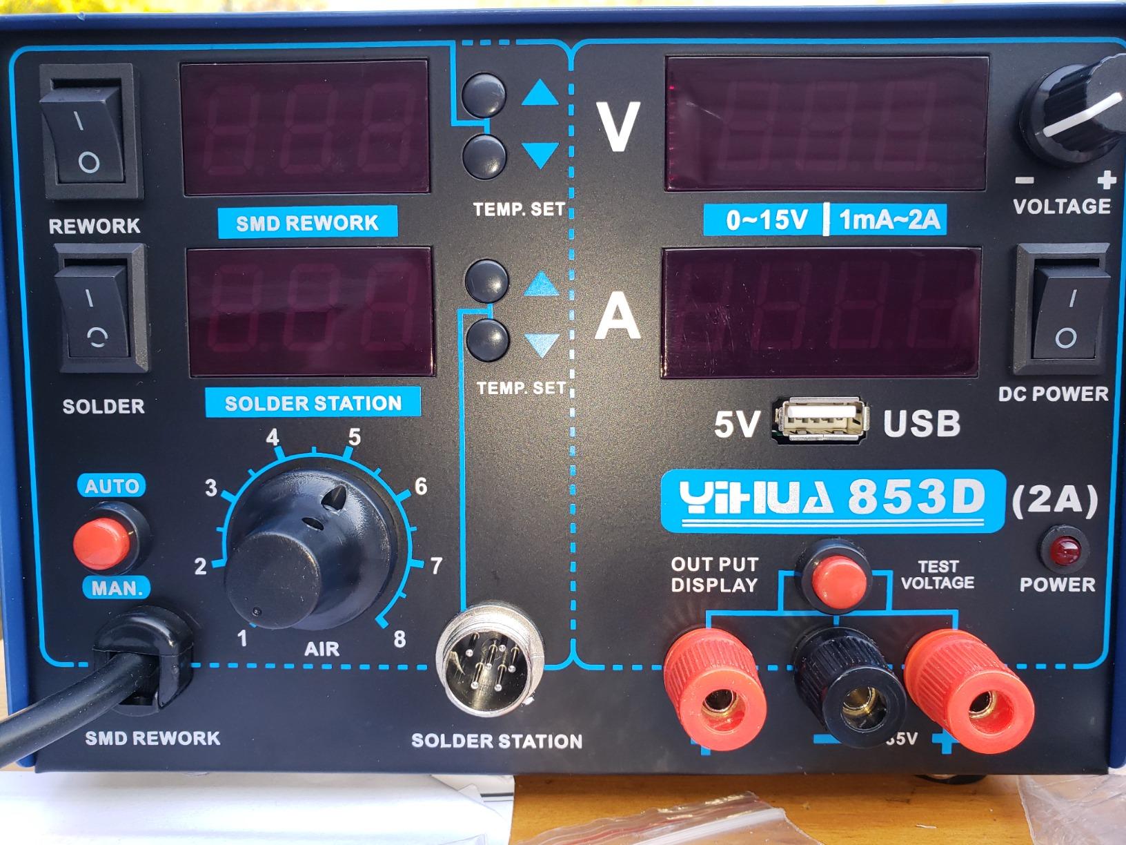 YIHUA 853D 2A USB SMD Hot Air Rework Soldering Iron Station, DC Power Supply 0-15V 0-2A with 5V USB Charging Port and 35 Volt DC Voltage Test Meter customer photo 1