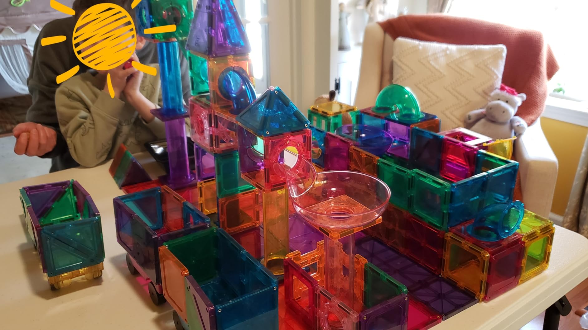 PicassoTiles 100 Piece Marble Run Magnetic Tiles Race Track STEM Ages 3+ | BPA-free ABS plastic, reinforced edges, curved slopes and U-turns, steel balls included, open-ended maze layouts, shared play customer photo 2