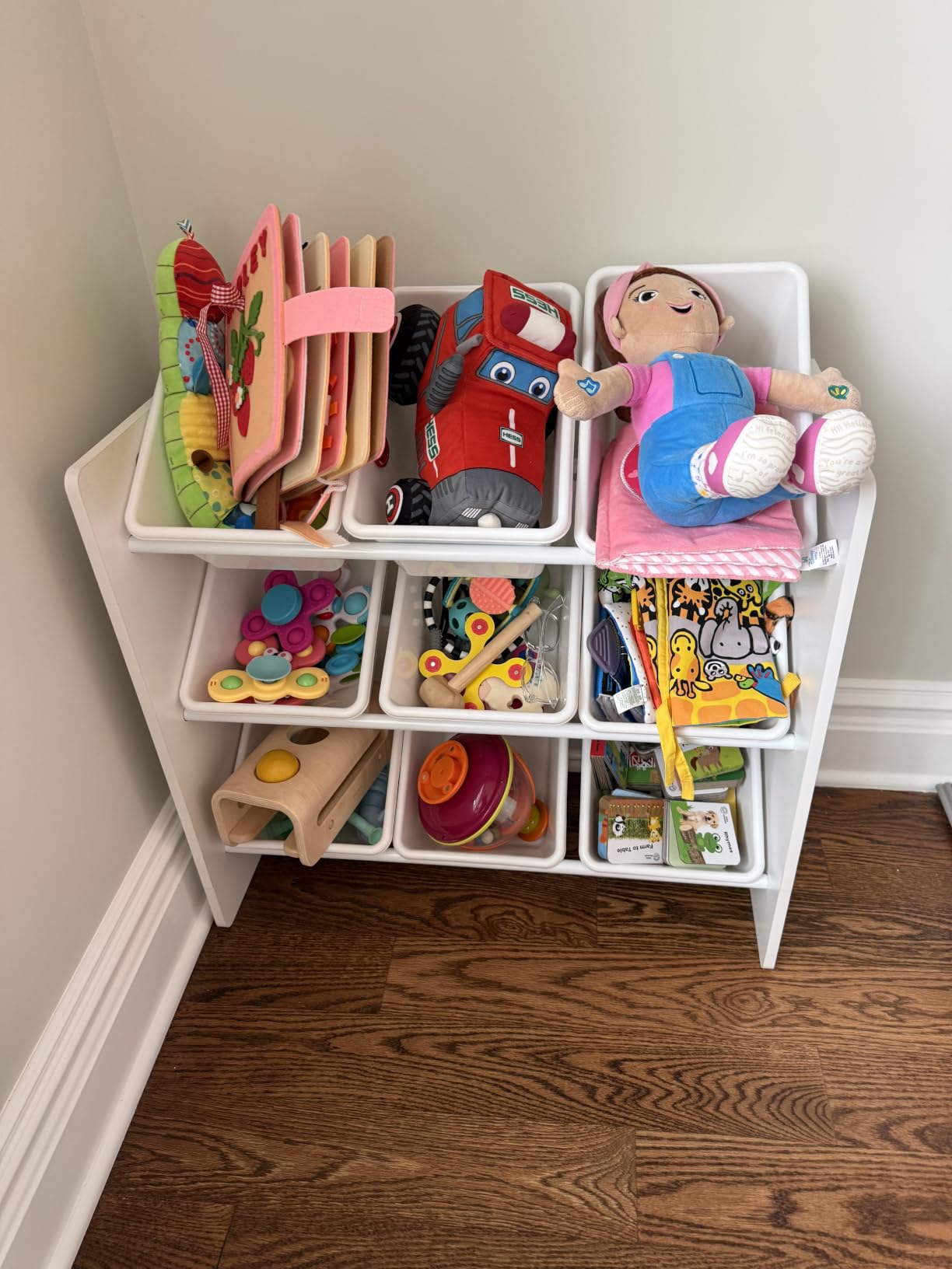 Humble Crew Kids Toy Organizer with Display Shelf, 9 Bins, 3 Tier Storage | Sturdy wood and steel toddler shelf, removable BPA-free containers, wall anchor anti-tip safety kit for bedroom or classroom customer photo 2