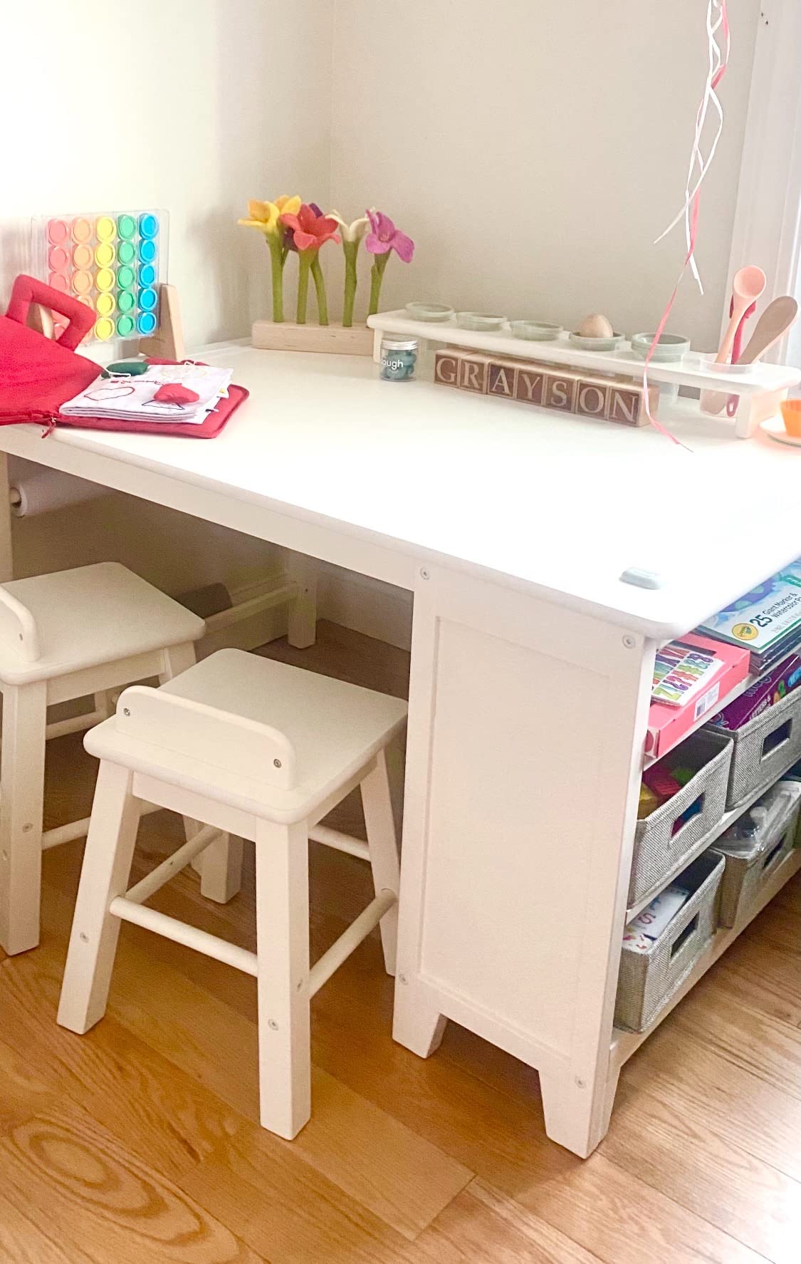 Martha Stewart Kids' Art Table and Chair Set - Linen White: Wooden Kids Play Table for Arts and Crafts | Coloring Desk with Paint Cups, Paper Roll and Craft Supplies Storage Bins customer photo 1