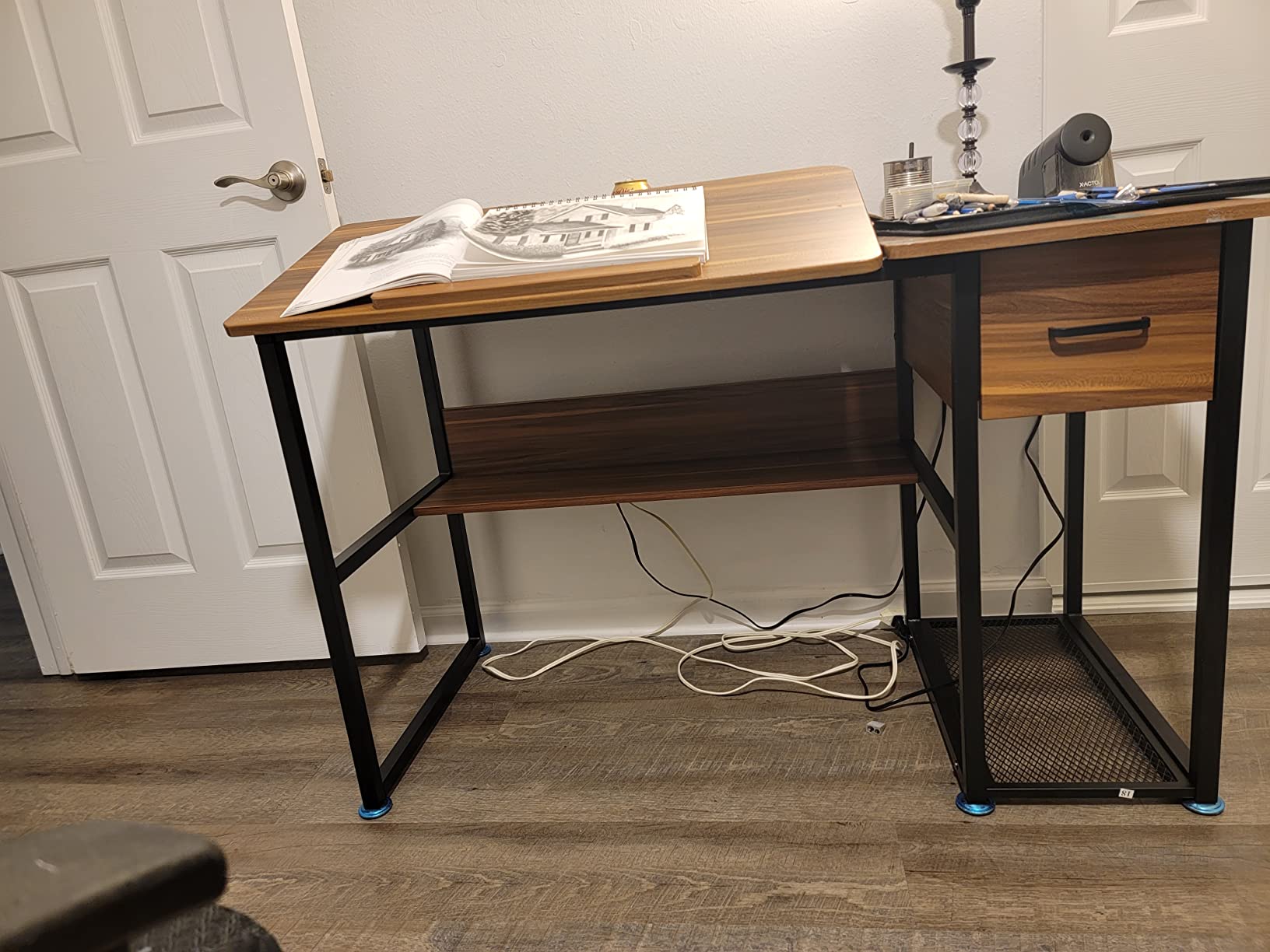 Tribesigns Drafting Table with Storage Drawers, Drawing Computer Desk Artist Craft Table Painting Desk Workstation with Shelves and Tiltable Tabletop for Students, Home Office customer photo 2