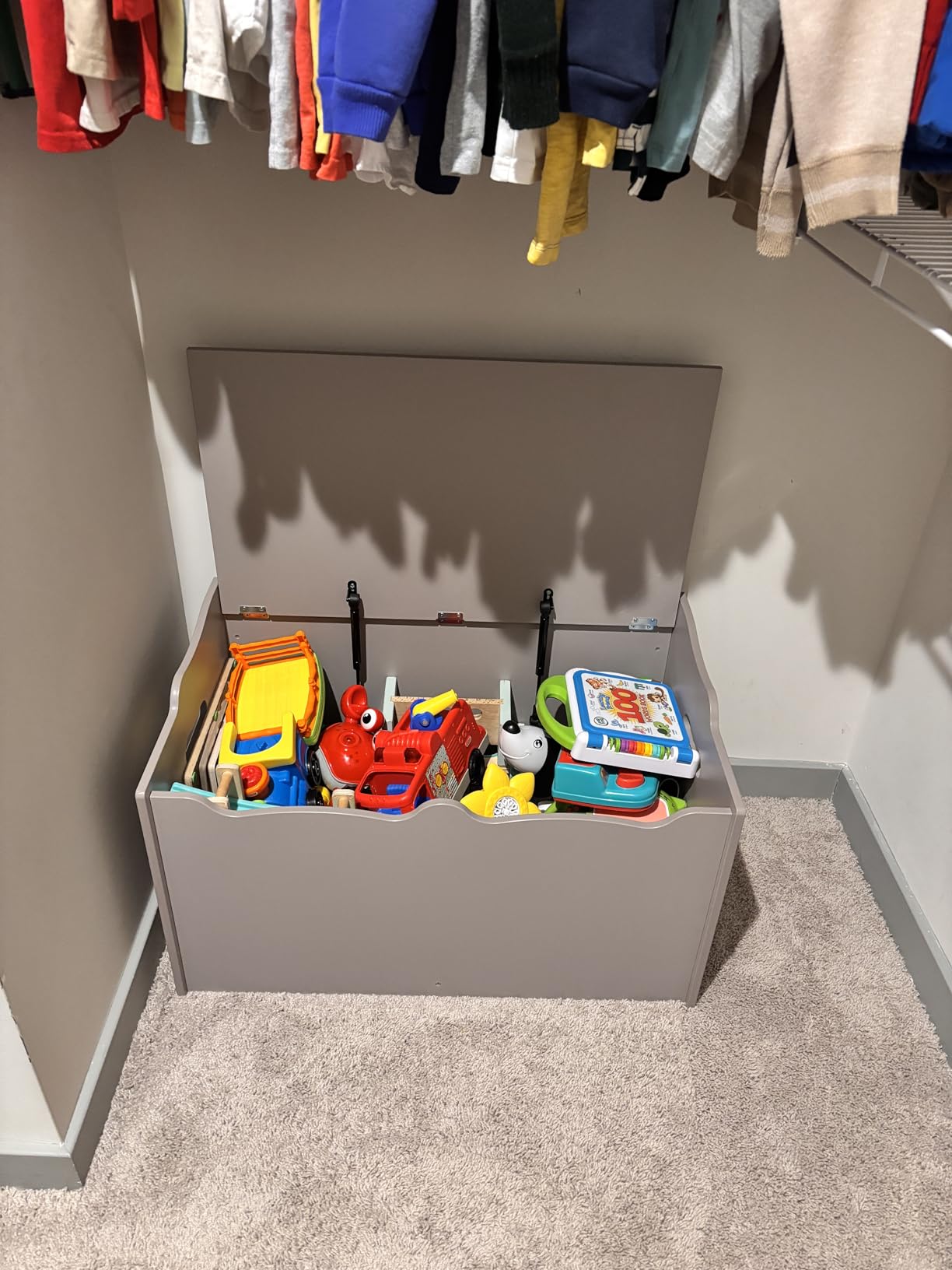 Amazon Basics Kids Wooden Toy Storage Chest with Safety Lid, Spacious Organizer for Bedroom, Gray, 30