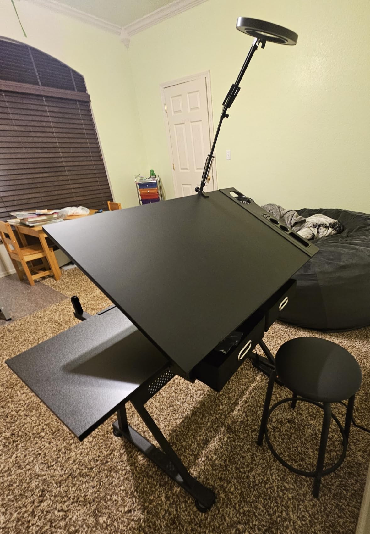 Yaheetech Adjustable Drafting Table Art Desk, Storage Drawers & Stool, Black | MDF tabletop tilts 0-60 degrees on a metal frame for drawing, crafts, and homework, with two supply drawers and a matching stool customer photo 2