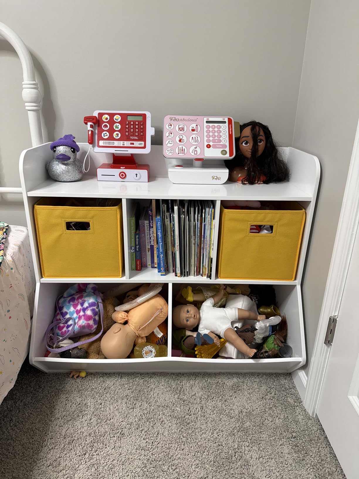 UTEX Toy Storage Organizer with Bookcase, Slanted Kids Toy Shelf Cubby | Multi Toy Storage Bookshelf, Spacious Shelves and 2 Market Bins, Water-Based Paint, Toy Room, Playroom, Kids Gift, White customer photo 1
