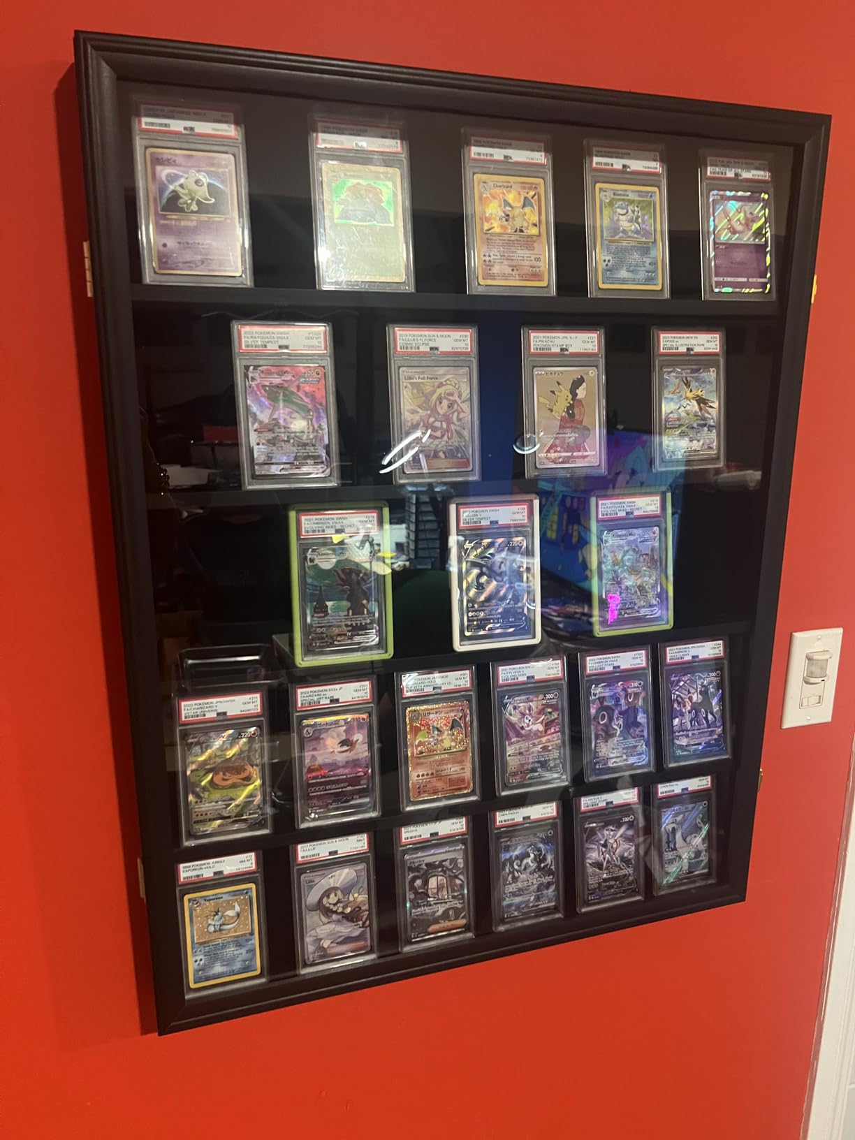 35 Graded Sports Card wall-Mounted Display case for Shows, Black | Matte black wooden frame, UV anti-yellow acrylic panel, lockable design, shockproof foam packaging, for vendor card customer photo 1