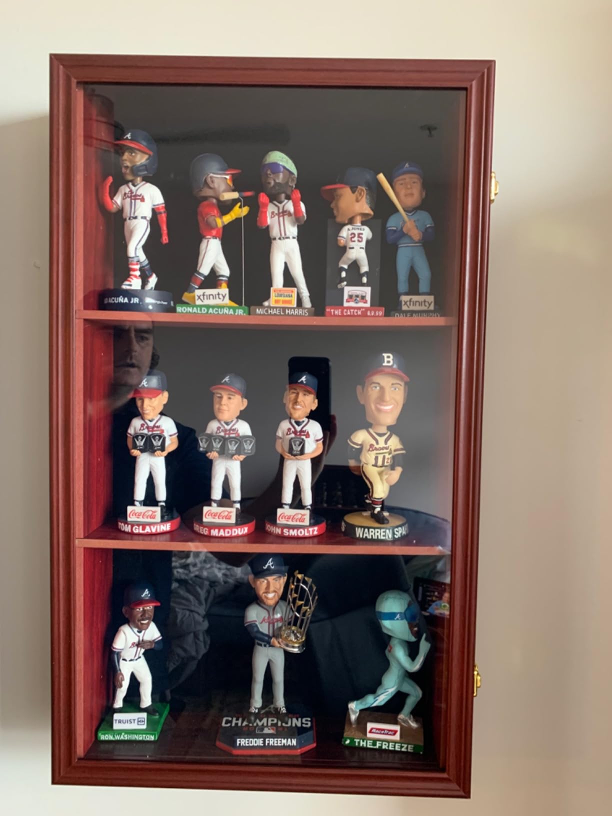 Bobblehead Display Case Action Figure Display Wall Case, Mahogany | anti-fade wood, UV resistant acrylic, lockable design, detachable shelves, bobblehead collectibles, 15 Figurines Display customer photo 2