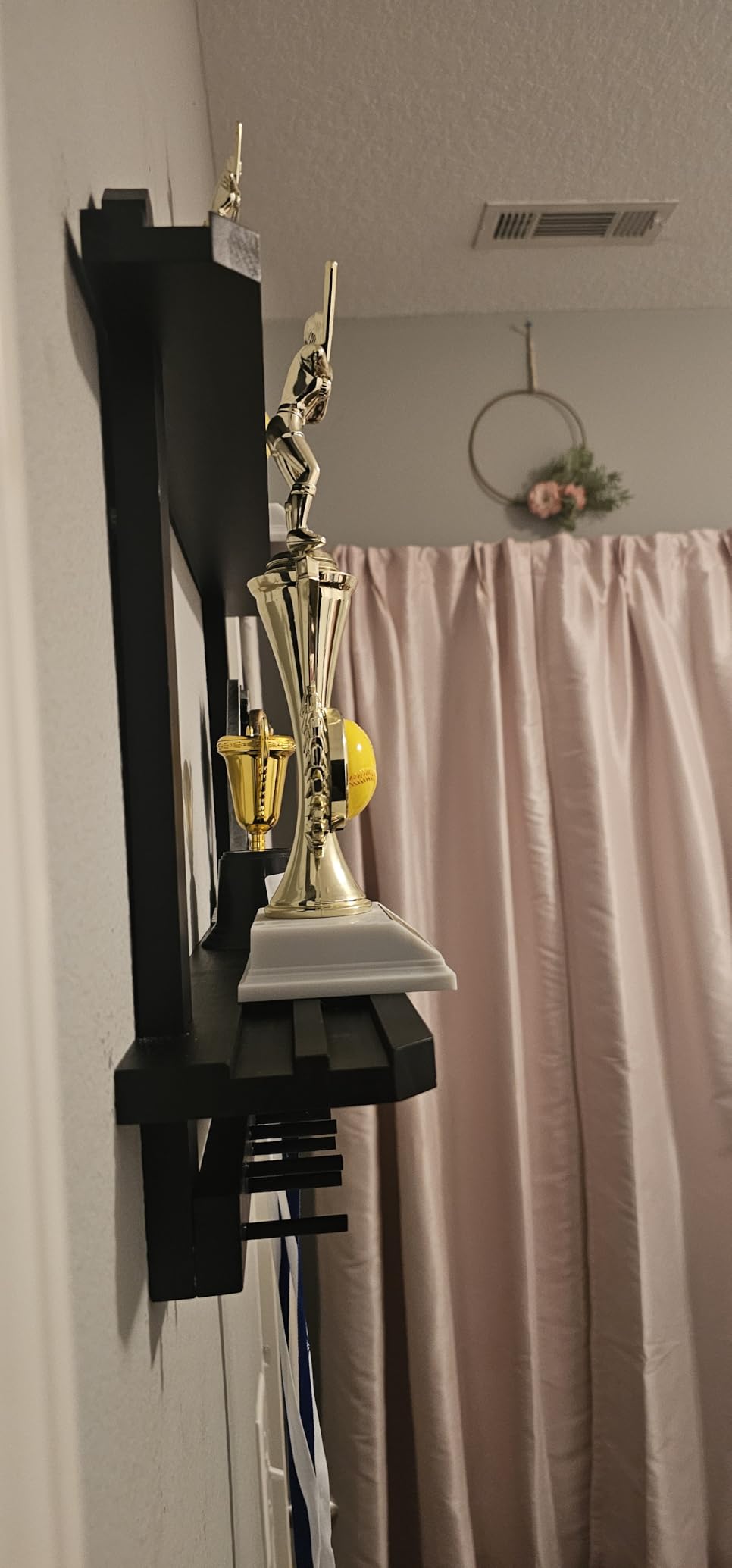 LAVIEVERT Wooden Medal Hanger & Trophy Shelf, Wall-Mounted Race Display with 2 Tier Storage Shelf and 19 Hanging Bars customer photo 1