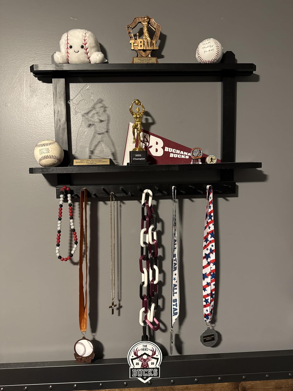 LAVIEVERT Wooden Medal Hanger & Trophy Shelf, Wall-Mounted Race Display with 2 Tier Storage Shelf and 19 Hanging Bars customer photo 2