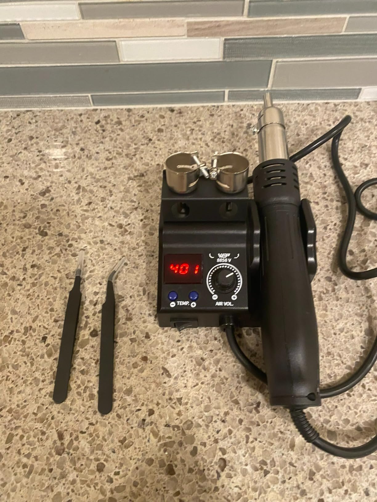 WEP 8858-V Hot Air Rework Station Kit with Compact Size, Integrated Nozzle Holder, 3 Nozzles, 2 Tweezers, Adjustable Temperature & Air Volume, PID Program, °C/°F Conversion and More customer photo 1