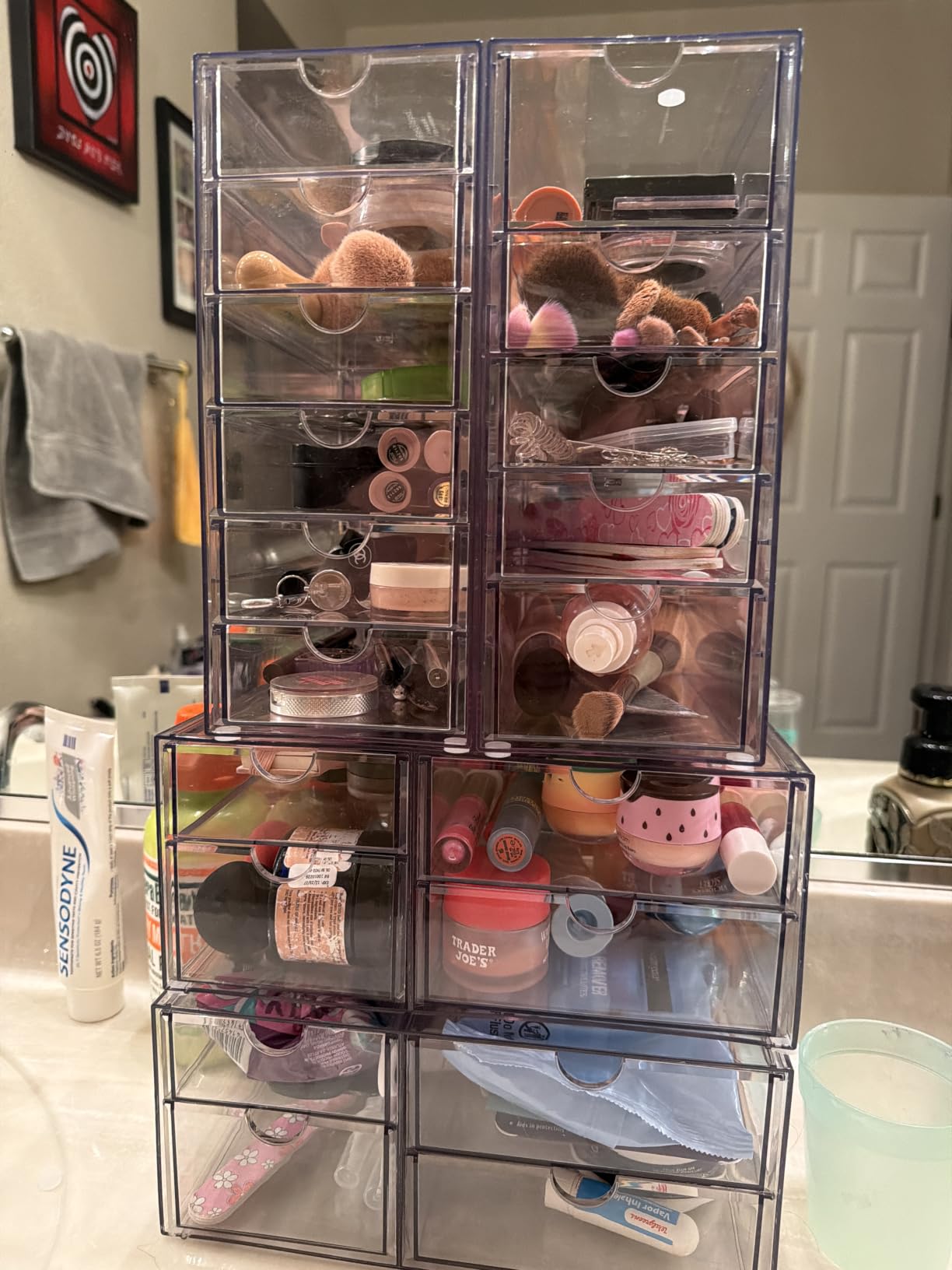 4-Pack Acrylic 16-Drawer Storage & Makeup Organizer for Desk | Smooth-glide drawers, clear acrylic, stackable, dustproof, wipe clean, for office supplies, pens, jewelry, makeup customer photo 1