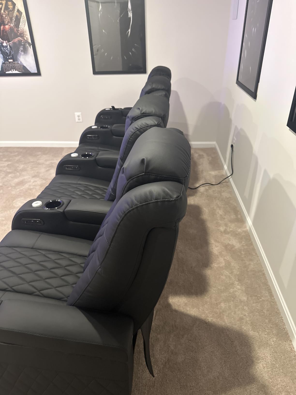 Weilianda Home Theater Seating Top Grain Leather, Zero Gravity Movie Theater Chairs Set, Power Headrest Recliner Chair Gaming Seats, 7 Colors Mood Light Sofa with Tray Table USB Charge Row of 3 Black customer photo 2
