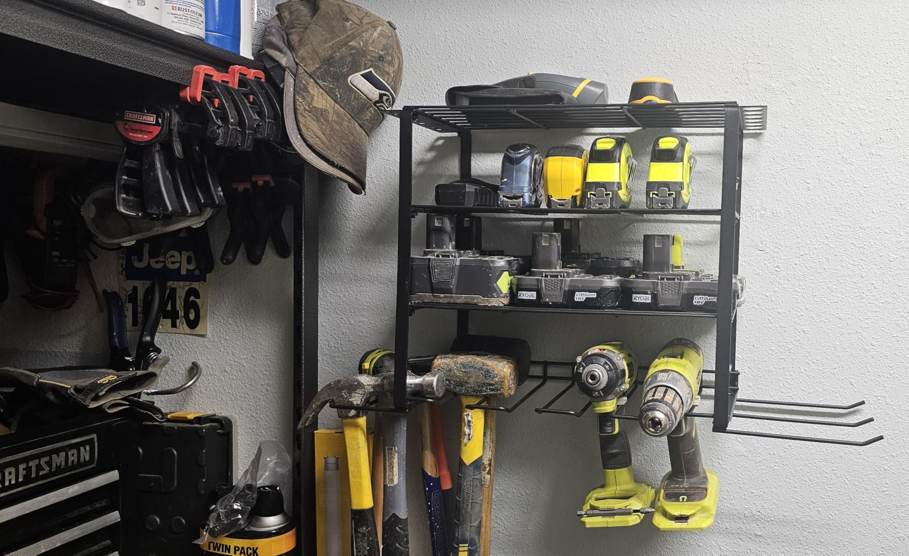 SUNALLY Power Tool Organizer, Heavy Duty Iron, 3 Layers Storage Rack with 4 Drill Holders, Floating Tool Shelf Wall Mounted, Matte Black customer photo 1