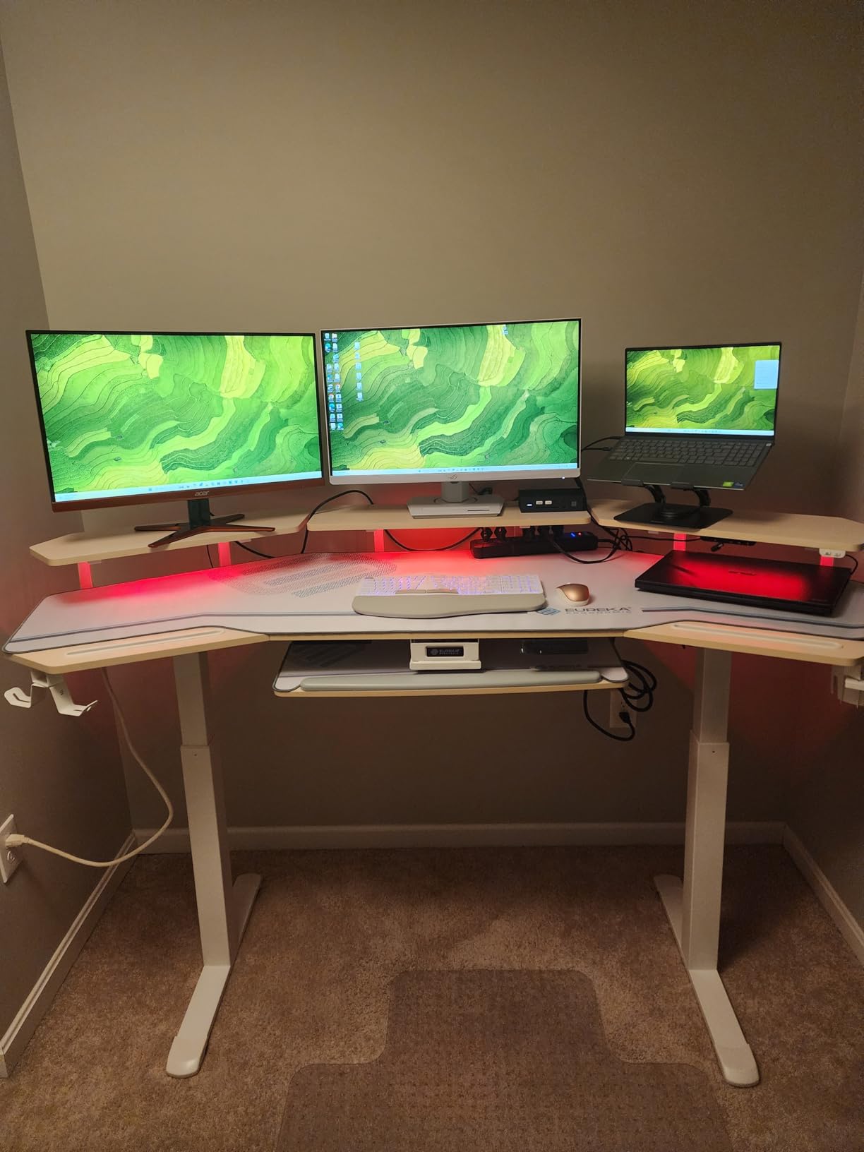 EUREKA ERGONOMIC Standing Desk with Keyboard Tray, Large Music Studio Gaming Desk, Wing Shaped Sit Stand Table 72'', LED Convertible Shelves, Dual Motor&Slot, Maple customer photo 1