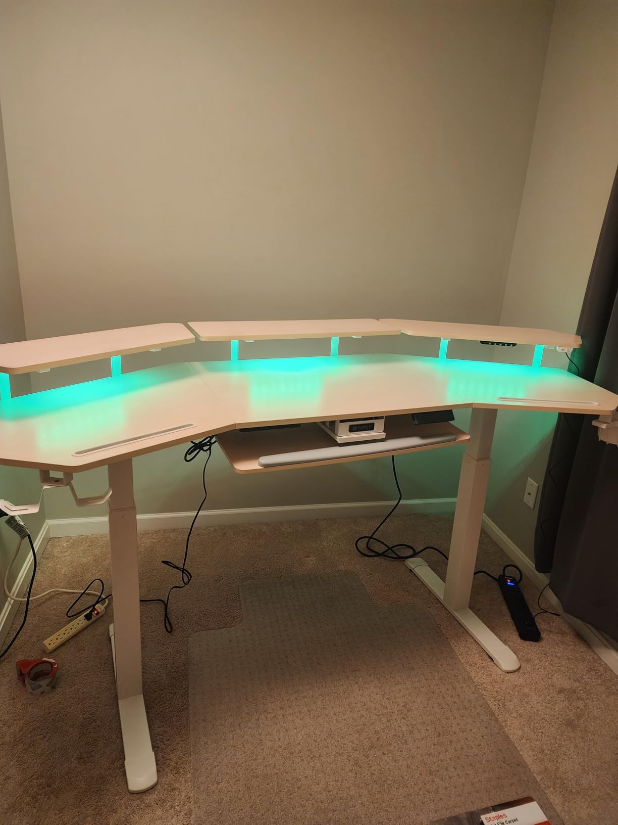 EUREKA ERGONOMIC Standing Desk with Keyboard Tray, Large Music Studio Gaming Desk, Wing Shaped Sit Stand Table 72'', LED Convertible Shelves, Dual Motor&Slot, Maple customer photo 2
