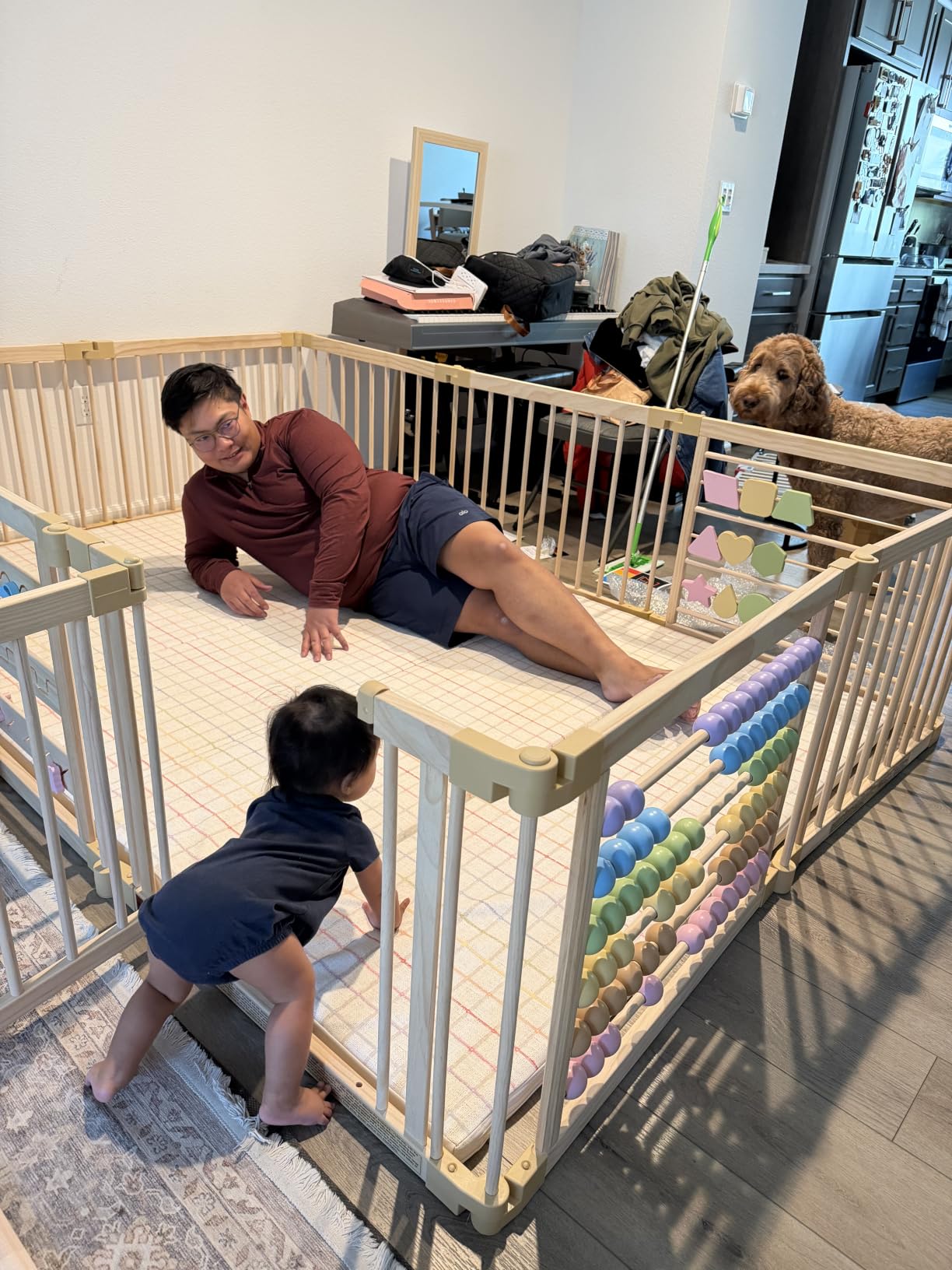ZETY Natural Wood Baby Playpen, 10 Panel Foldable Play Yard, Door & Toys customer photo 2