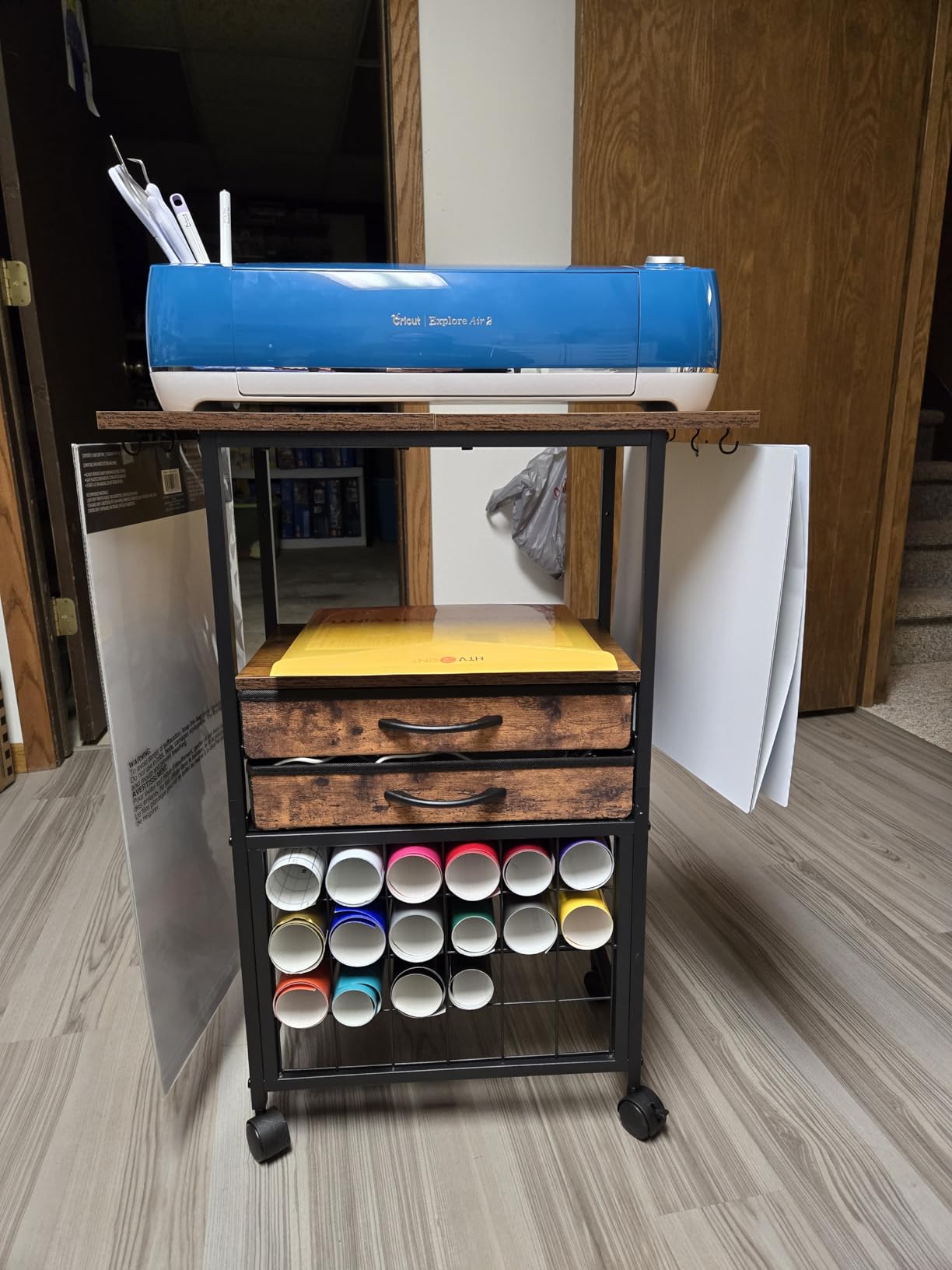 VENNQD Organizer and Storage Stand Compatible with Cricut Machines,Rolling Storage Cart/Shelf with 24 Vinyl Roll Holders, 2 Fabric Drawer,Accessories Holder,Tool Hook for Craft Room Home (white) customer photo 1