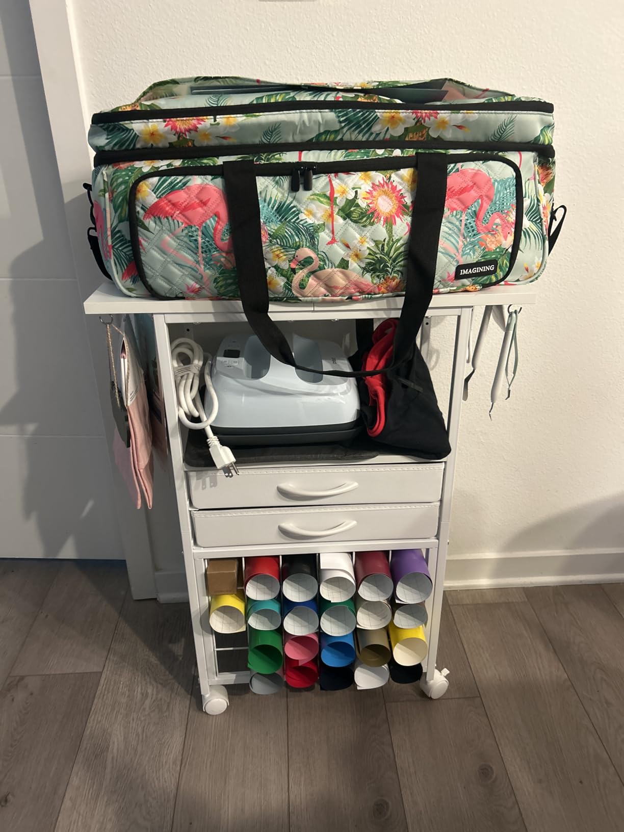 VENNQD Organizer and Storage Stand Compatible with Cricut Machines,Rolling Storage Cart/Shelf with 24 Vinyl Roll Holders, 2 Fabric Drawer,Accessories Holder,Tool Hook for Craft Room Home (white) customer photo 2