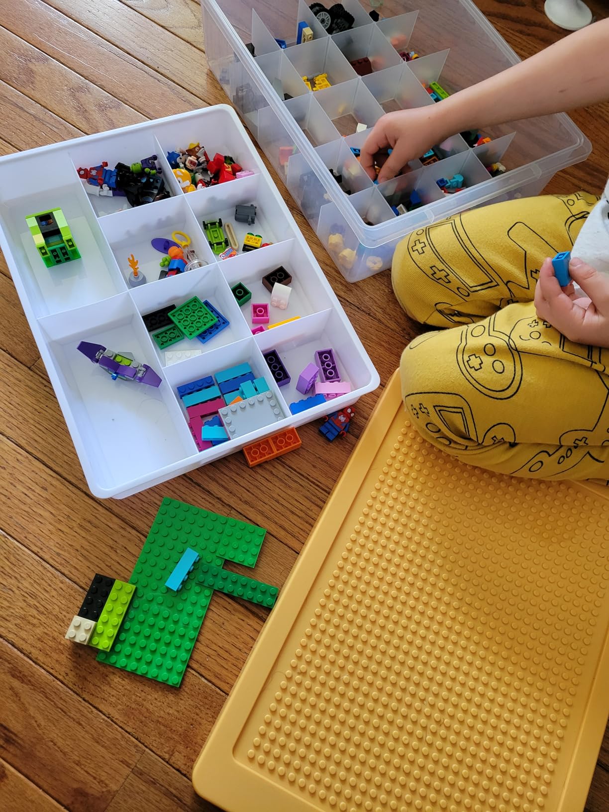 Toys Storage Organizer Box for Lego, Toy Storage Box with Building Plate Lid and Removable Tray, Building Block Storage, Stackable Plastic Organizer Bins (Green) customer photo 2