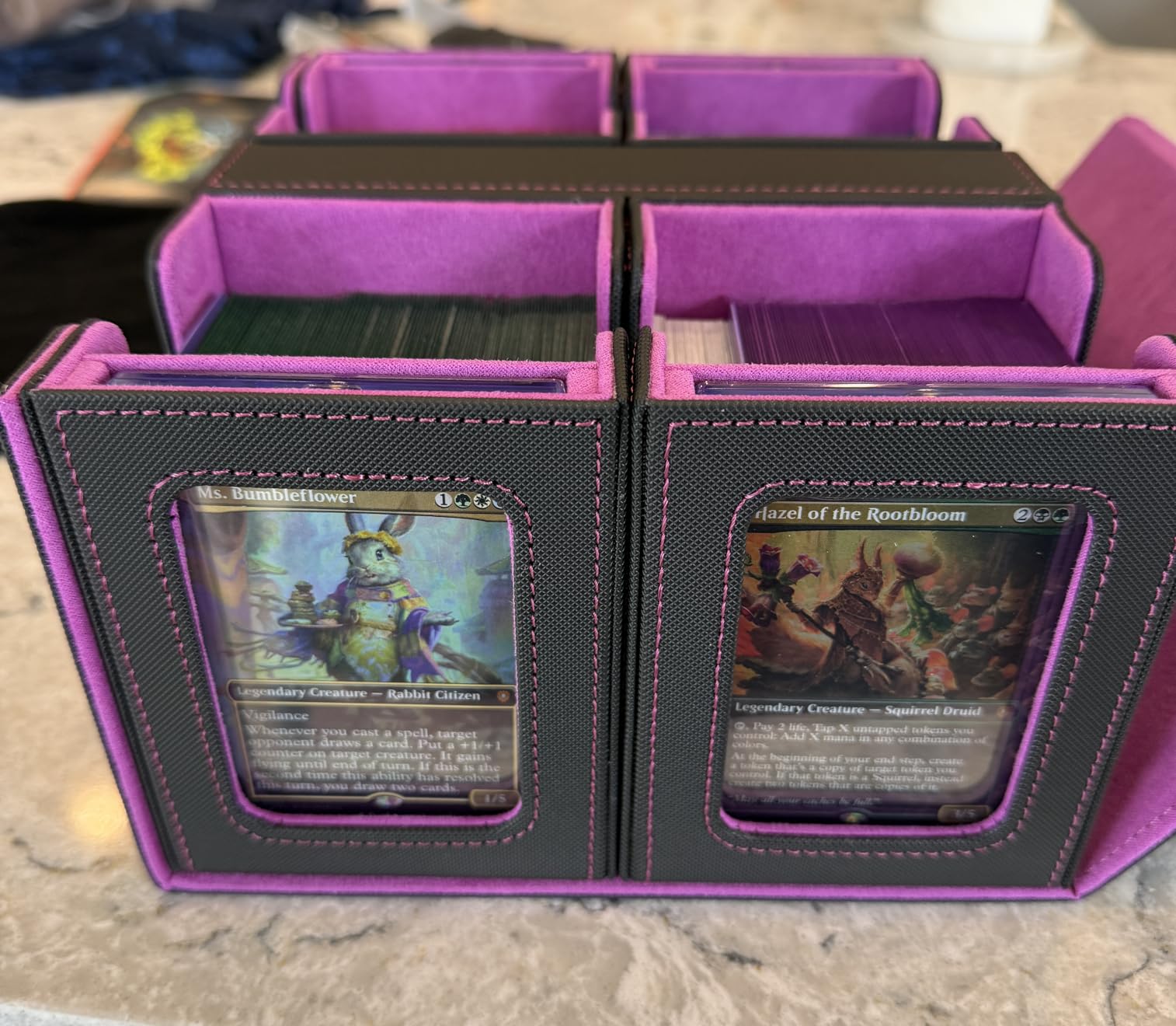 MTG Commander Deck Box, Holds 400+ Double-Sleeved Cards | 5-in-1 Card Deck Box, Patented Design, Magnetic Detachable Card Case with Dice Tray, Fits Magic / TCG Cards (Black Purple) customer photo 1