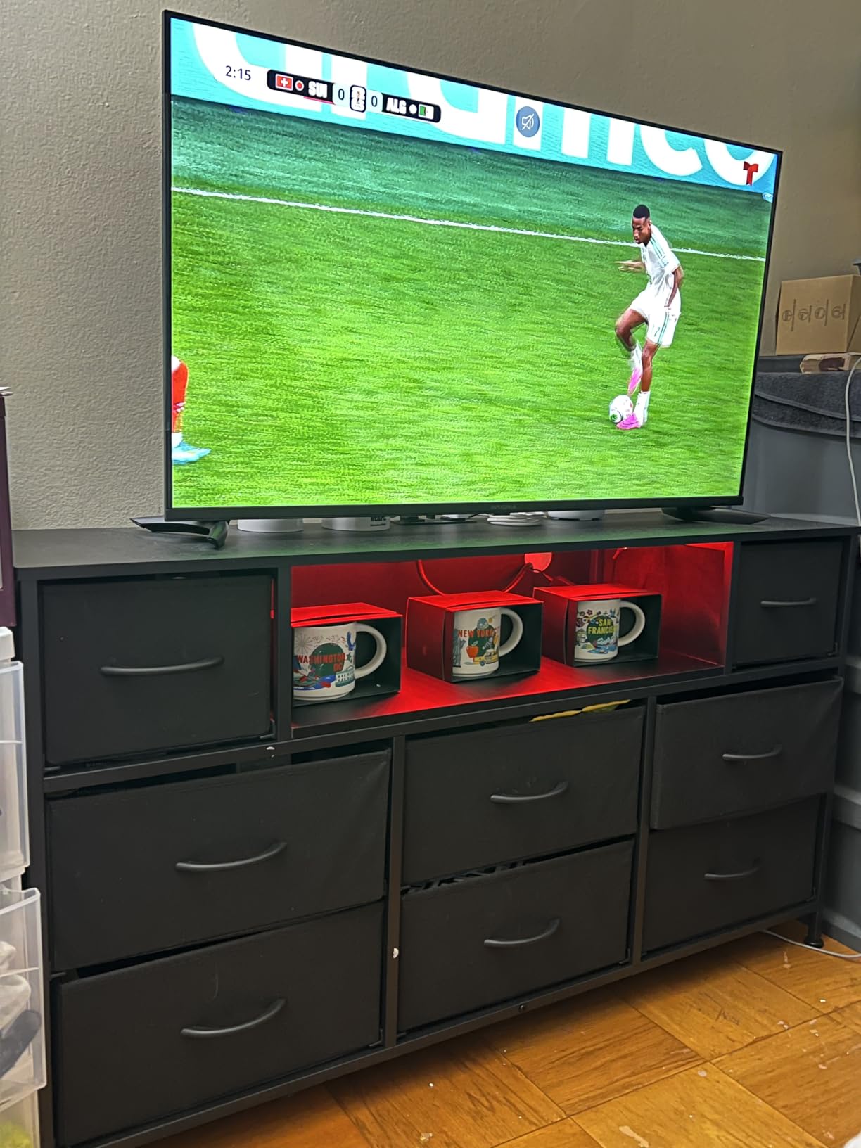 WLIVE Black Dresser TV Stand for 45, 50, 55 inch TV, Entertainment Center with LED Lights & Charging Station, Chest of Drawers with 8 Fabric Drawers and Open Shelves for Living Room, Hallway, Wood Top customer photo 1