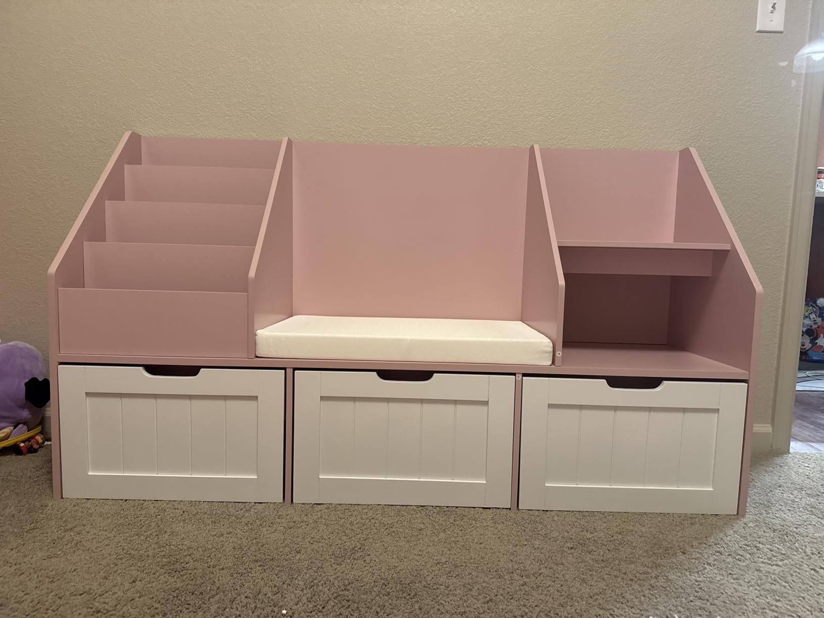 FOTOSOK Kids Bookshelf with Reading Nook, Toy Storage with Seat Cushion | 55.1'' Toy Storage Organizer with 3 Movable Drawers, Kids Reading Nook with Bench for Playroom, Bedroom, White customer photo 1