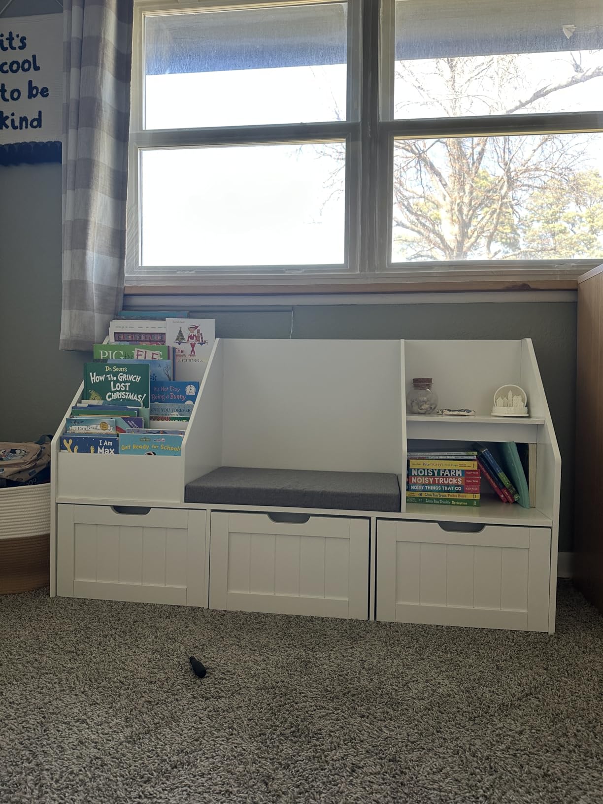FOTOSOK Kids Bookshelf with Reading Nook, Toy Storage with Seat Cushion | 55.1'' Toy Storage Organizer with 3 Movable Drawers, Kids Reading Nook with Bench for Playroom, Bedroom, White customer photo 2