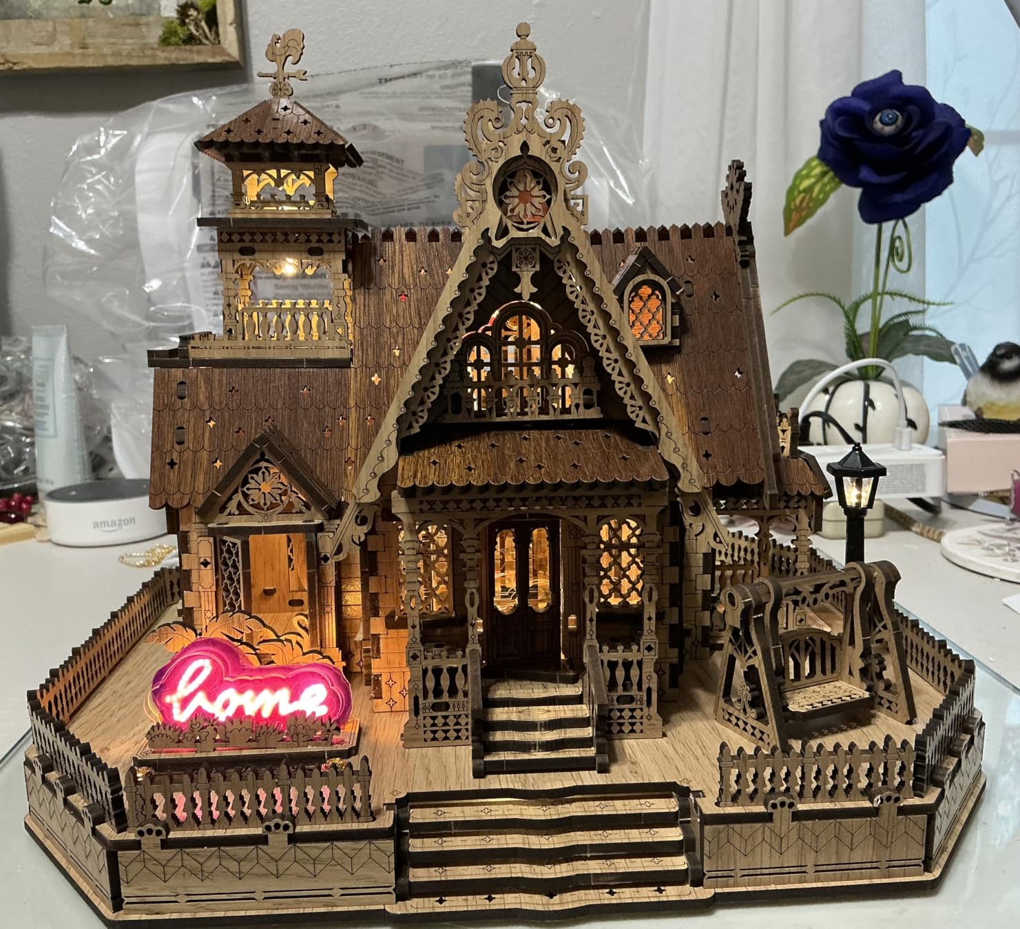 FUNPOLA 3D Wood Puzzle Countryside Cottage Model - DIY Miniature Building Kit with Spark LED Lights - Craft Rural Architecture Home Décor Gift for Adults customer photo 2