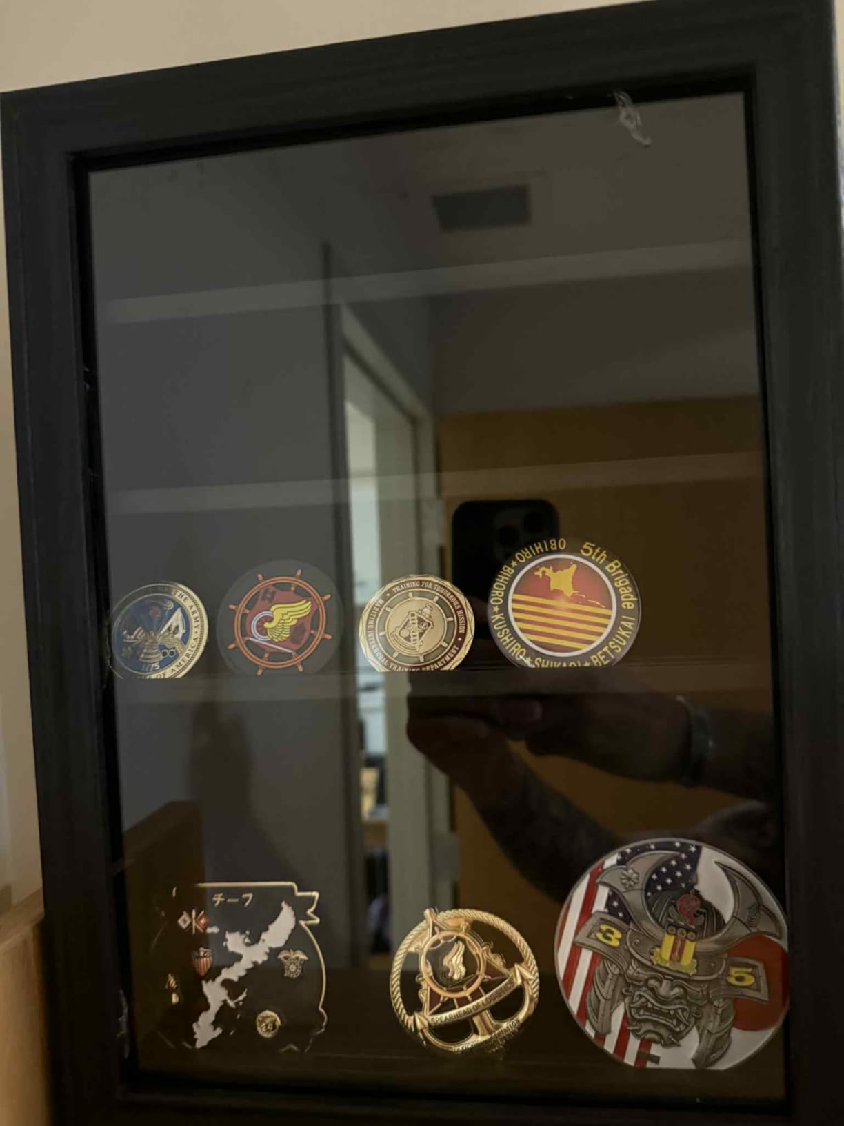 Military Challenge Coin Display Shadow Box Holds Up to 70 Coins, Lockable Wall-Mounted Cabinet for Medals, Pins, Patches & Ribbons, Removable Shelves, Pinnable Velvet Backing, UV Acrylic Door(Black) customer photo 2