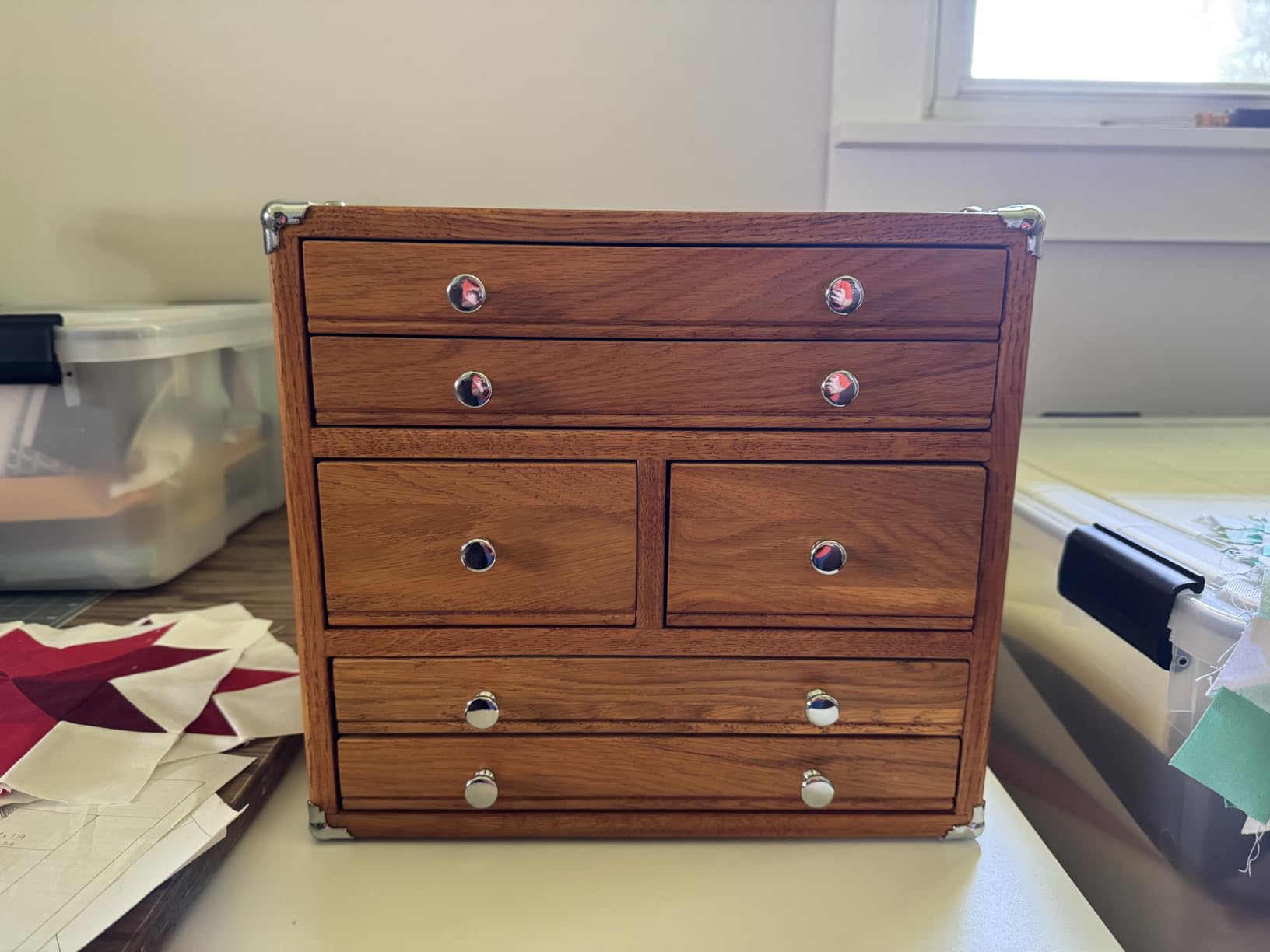 Premium Oak Wood Organizer Chest, 6 Drawer Desktop Storage | For woodworkers, makers, collectors and hobbyists organizing pens, crafts, small tools and supplies. customer photo 2