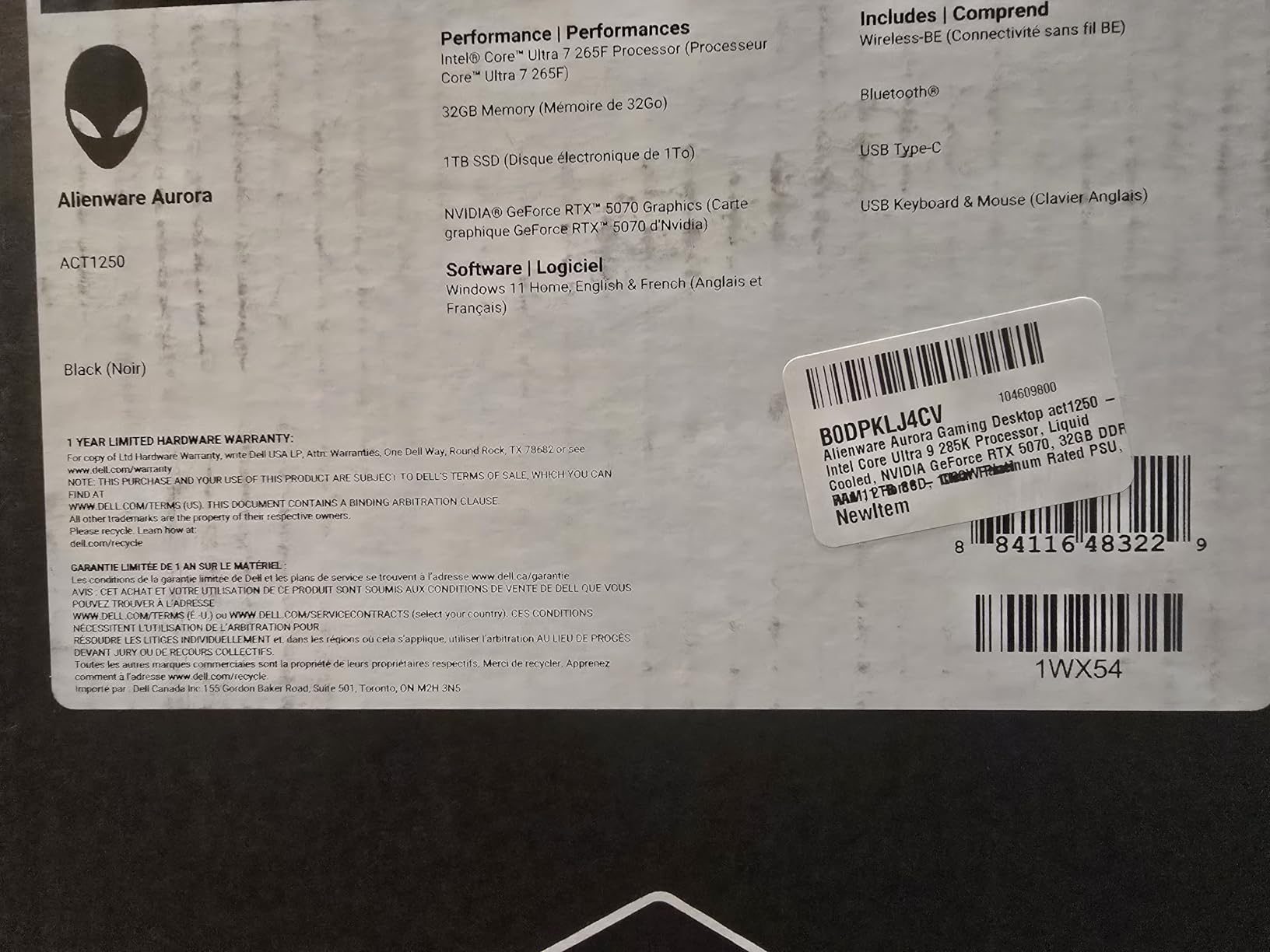 Alienware Aurora Gaming Desktop, RTX 5070, Intel Core Ultra 7 265F, 1TB SSD, 32GB DDR5, Wi-Fi 7, Bluetooth, Killer 2.5Gb Ethernet, Windows 11 Home, Wired Keyboard, ACT1250 customer photo 1