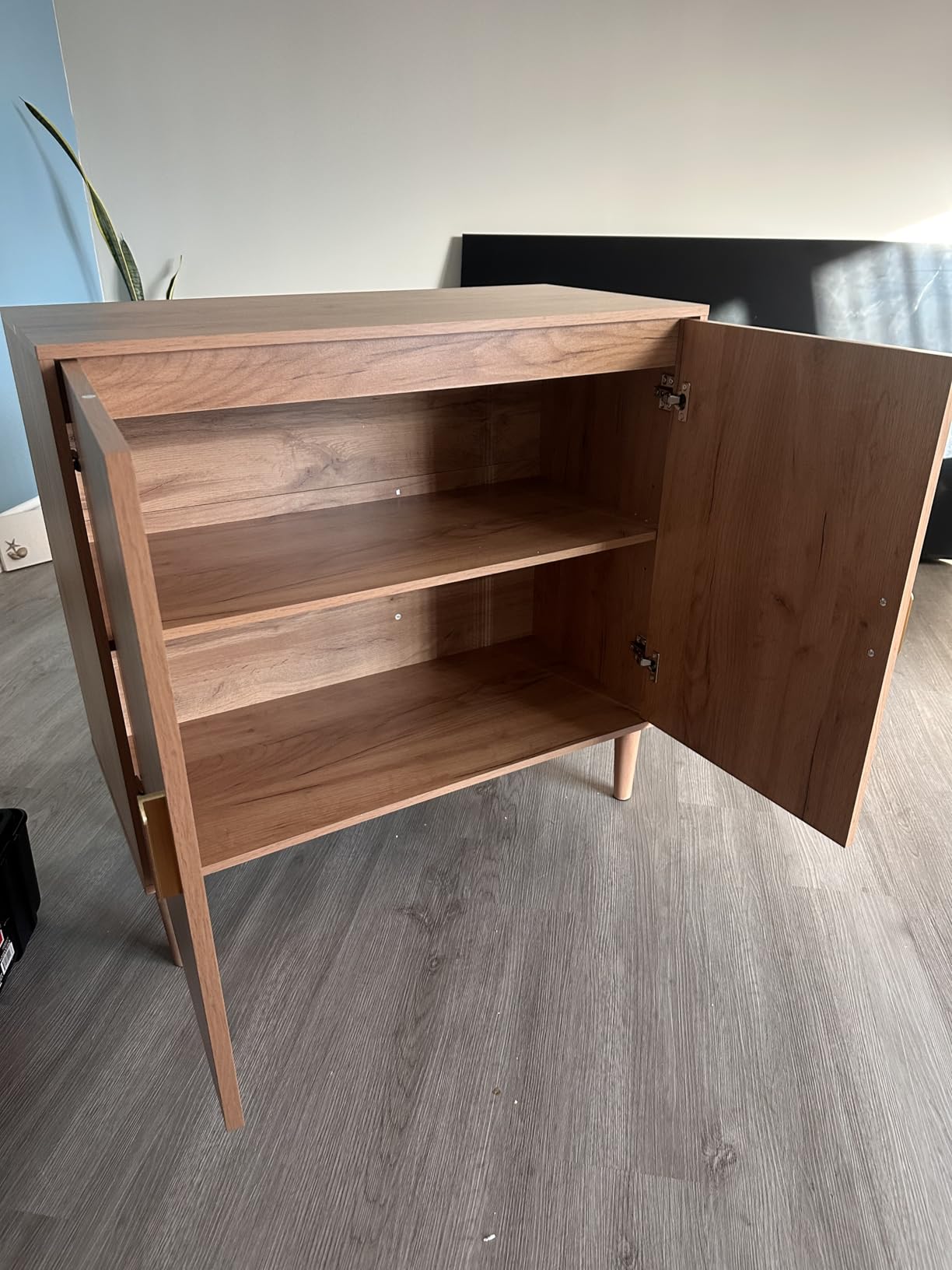 Smuxee Walnut Sideboard Cabinet, Freestanding Buffet Cabinet with Line Groove Design, Wood Storage Cabinet with Adjustable Shelf for Living Room, Entryway, Hallway customer photo 2