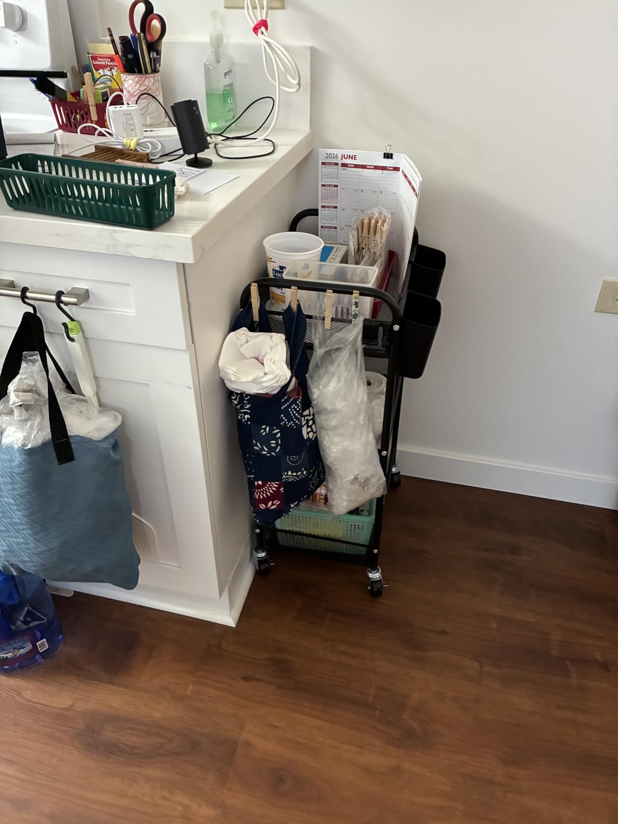 YASONIC 3 Tier Rolling Cart - Metal Utility Storage Carts with Wheels, Craft Cart Organizer with Hanging Cups, Hooks, Mesh Basket for Bedside Kitchen Office Art, Black customer photo 2