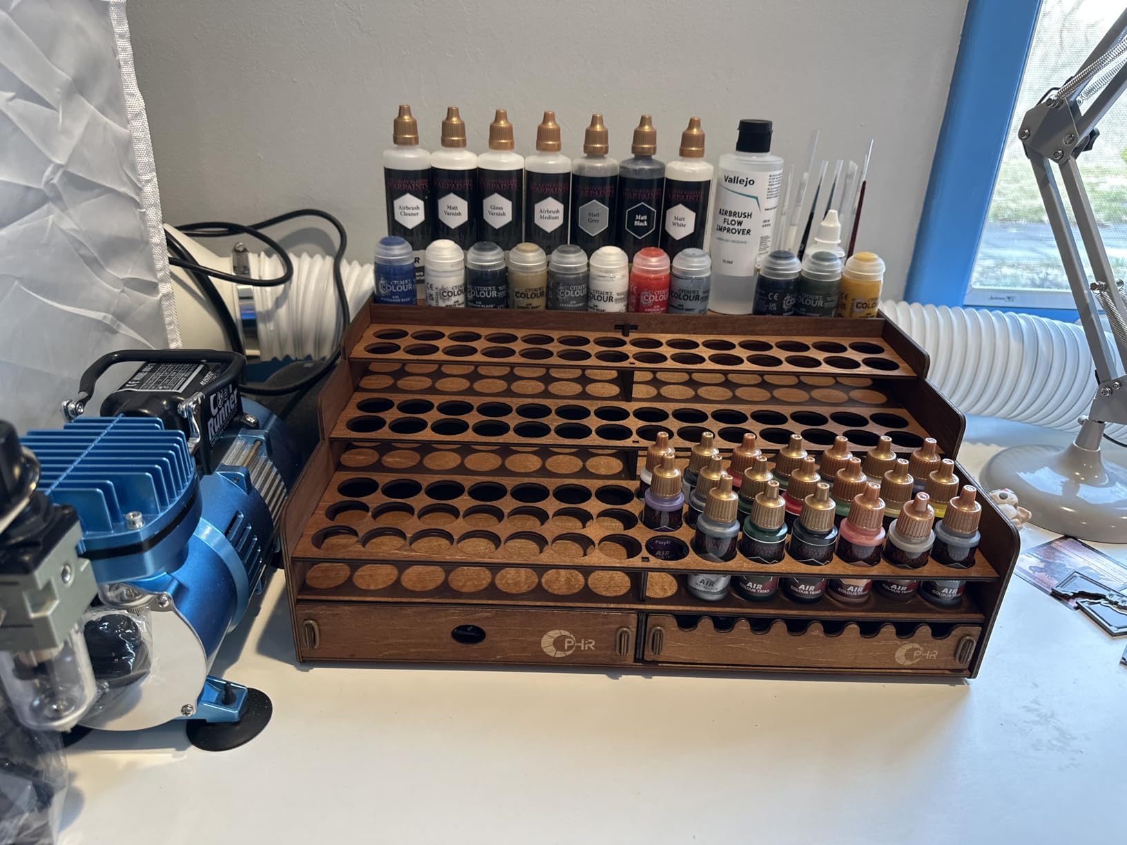 OPHIR Paint Storage, Wooden Paint Organizer with 98 Holes Dia.1.02 Inches, for Miniature Paints Set Storage, Includes Painting Brush Holder with 24 Slots, 1 Drawer, 25 Paintbrush Holes customer photo 1