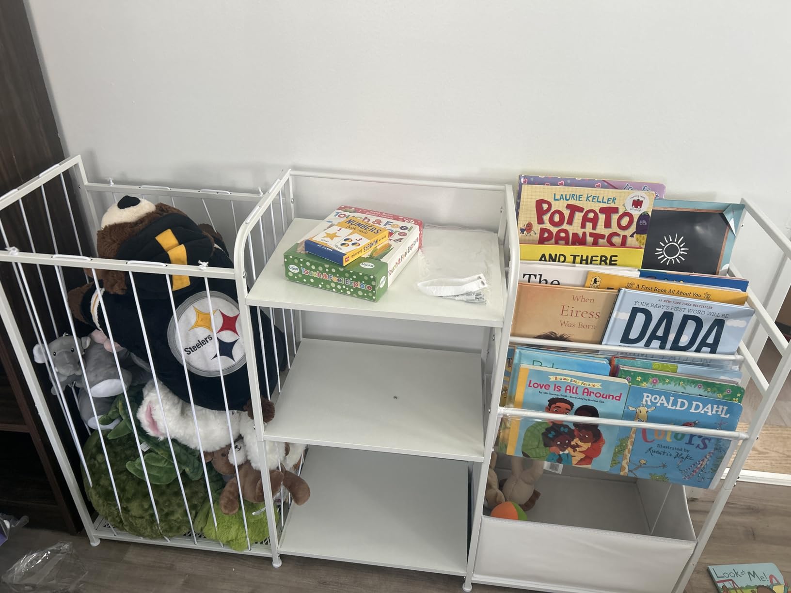 BBLIKE Kids Bookshelf and Toy Storage Organizer, 3-in-1 Toddler Montessori Bookcase with Stuffed Animal Storage & Movable Toy Chest, Large Plushies Holder for Nursery Playroom Bedroom, White customer photo 2