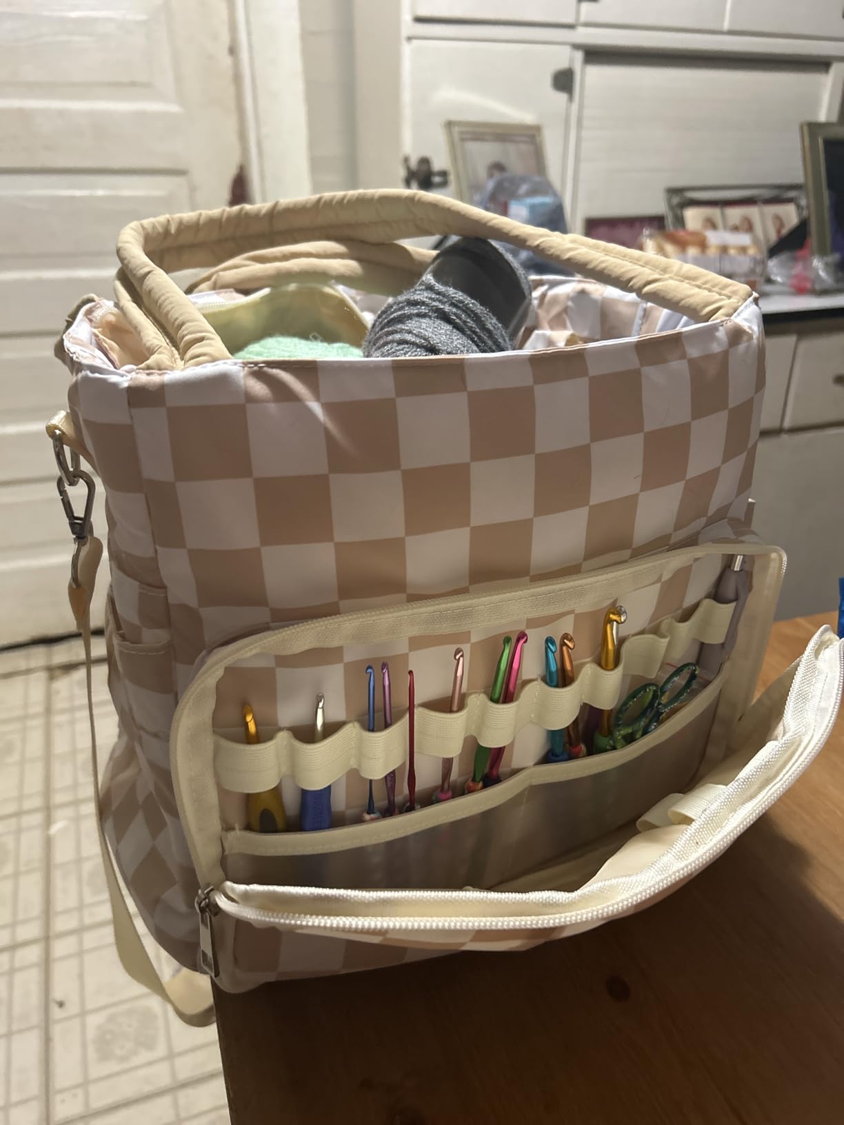 DALINDA Crochet Bag Organizer, Yarn Bag and Tote - Yarn Storage with Multiple Pockets for Crochet Supplies, Knitting Bag for Gifts, Portable & Durable (Brown) customer photo 1