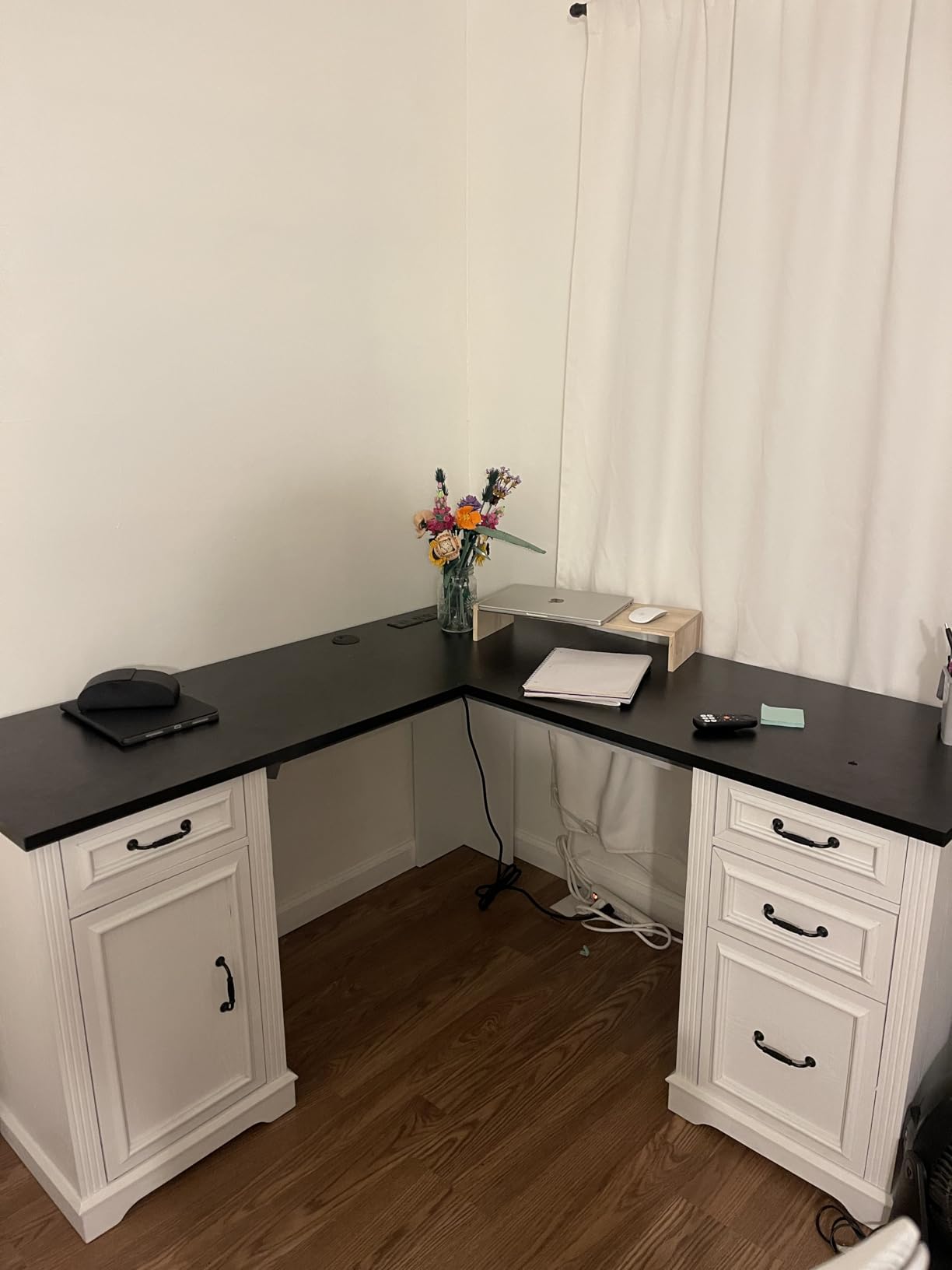 Farmhouse L Shaped Executive Desk with 4 Drawers, Home Office Desk with Hidden Under-Desk Storage Shelf and Charging Station, File Cabinet Storage, Wood Corner Computer Desk for Work (White+Black) customer photo 1