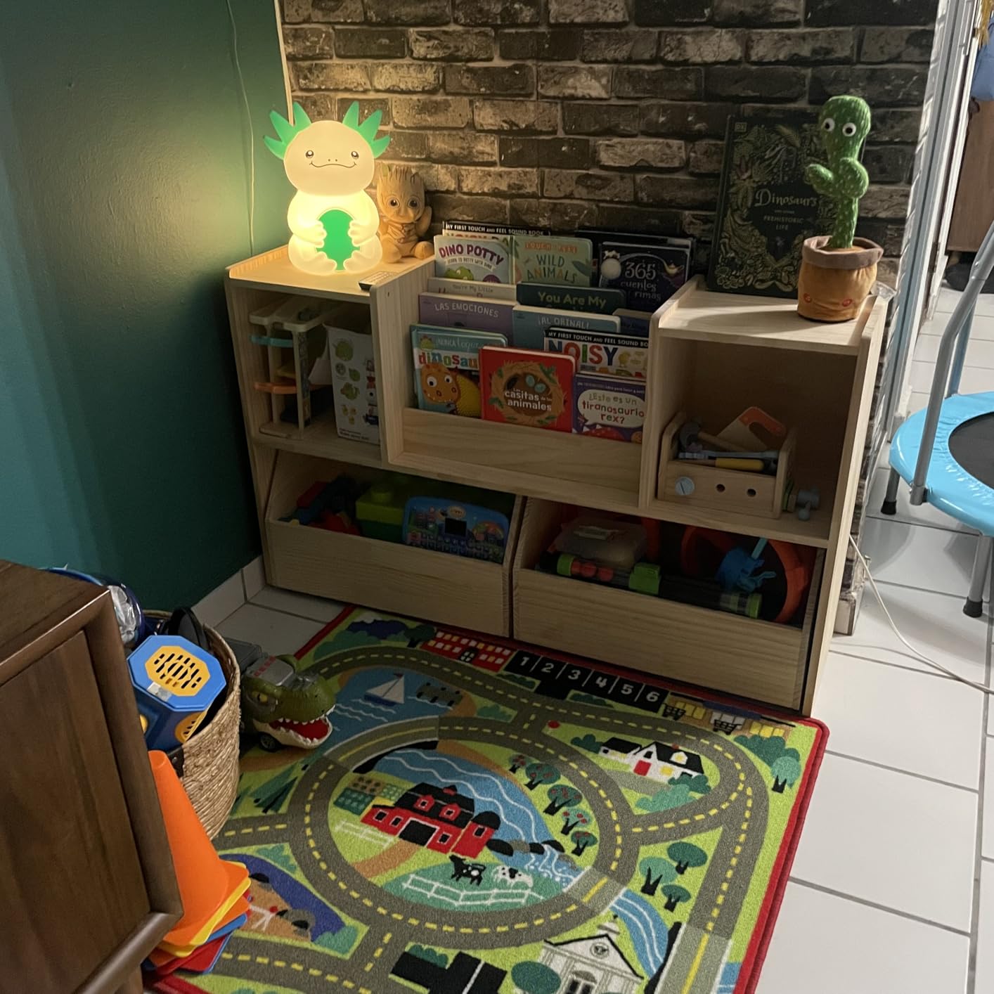 EXPERLAM Solid Wood Kids Bookshelf and Toy Storage Organizer, 3-in-1 Montessori Bookcase with Storage Cubbies and 2 Rolling Toy Bins, Toddler Bookshelf for Kids Room, Playroom, Nursery customer photo 1