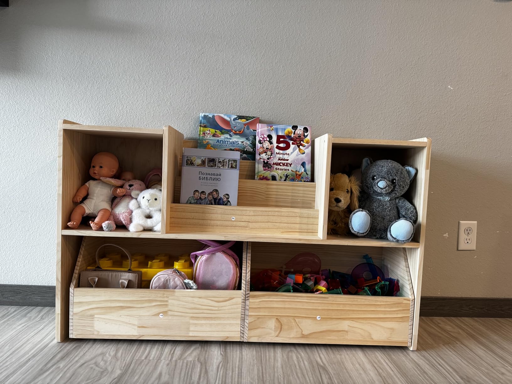 EXPERLAM Solid Wood Kids Bookshelf and Toy Storage Organizer, 3-in-1 Montessori Bookcase with Storage Cubbies and 2 Rolling Toy Bins, Toddler Bookshelf for Kids Room, Playroom, Nursery customer photo 2