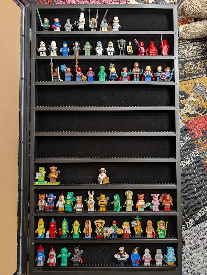 Minifigure Display Case - 29 inch x 16 inch - Holds up to 150 Mini Figure Toys, Miniature Figures, Thimbles and Collectibles - Wall Mounted - Black Wood Finish Frame - with Mounting, Locks and Base Plates customer photo 1