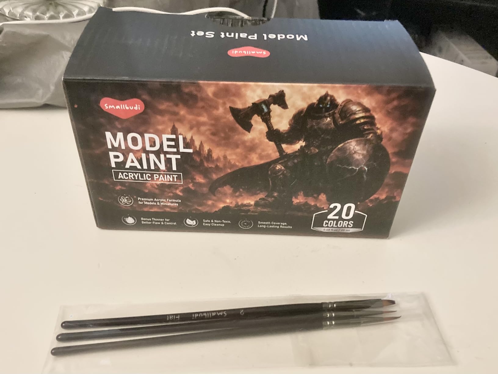 Smallbudi 20 Colors Model Paint Set 20ml/0.6Oz Miniature Acrylic Paint | With 3 Brushes & 1 Thinner for Brush Use & Airbrushing, Modeling Paint Set for Miniatures, Gaming Figures, 3D Prints, Crafts customer photo 1