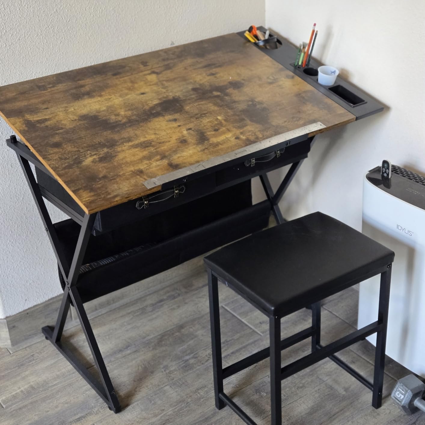 VECELO Drafting Table Art Desk Art Table Adjustable Drawing Table Tilted Tabletop with 2 Storage Drawers and Stool, Drawing Desk for Artist Painters Drawing, Crafting, Reading, Writing, Natural customer photo 2