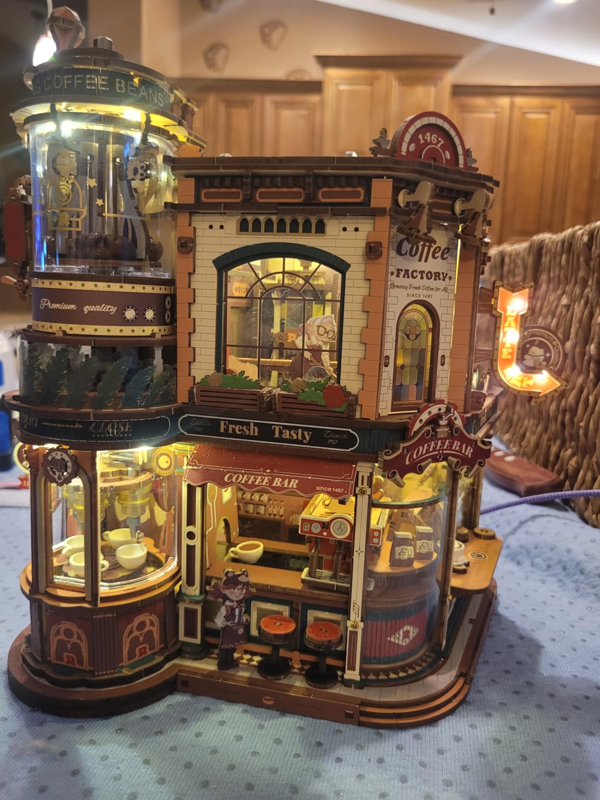 ROKR Moving Dream Coffee Factory DIY Miniature House Kit - 3D Wooden Puzzles for Adults with Music Box & LED Lights, No Glue Kinetic Model Building Kit, Unique Home Decor Gifts for Adults Women Men customer photo 1