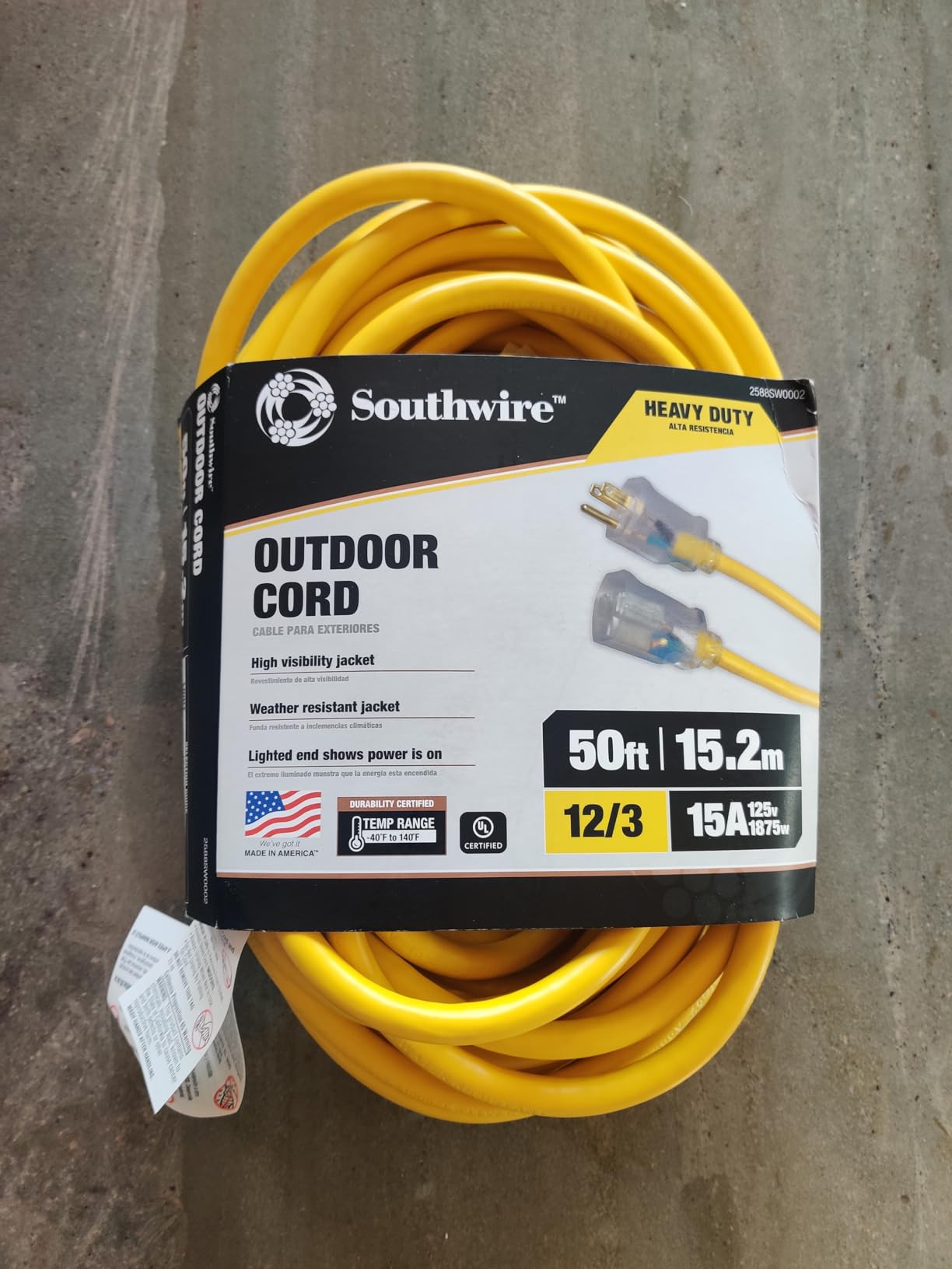 Southwire Outdoor Extension Cord – Durable Vinyl Jacket for For Farm, Ranch & Workshop - Lighted End With Reinforced Blades - SJTW, Yellow - 12 Gauge, 3 Prong - 50 Feet customer photo 1