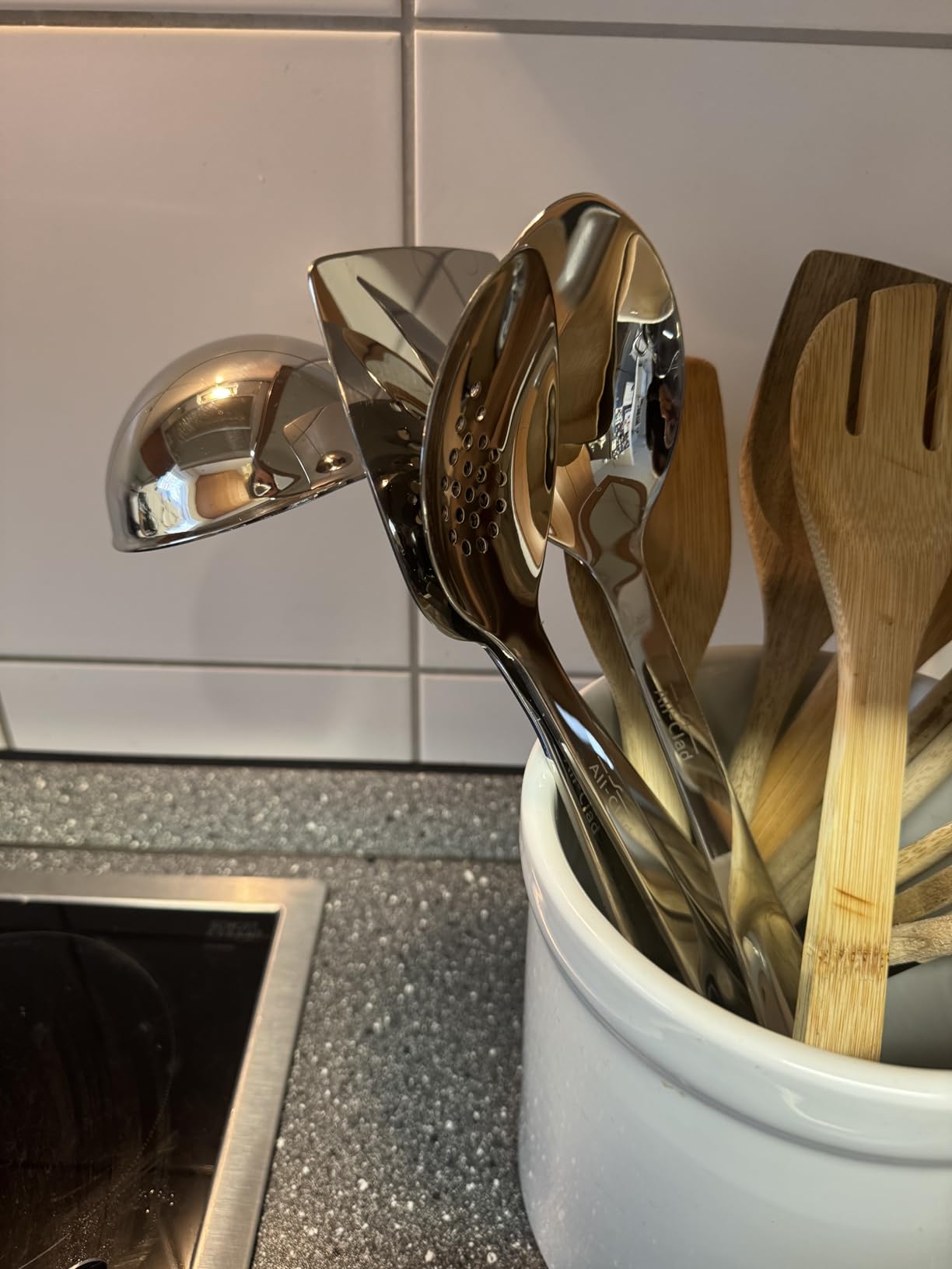 All-Clad 5-Piece Stainless Steel Kitchen Utensil Set – Includes Ladle, Solid Spoon, Slotted Spoon, Turner & Storage Caddy – Heavy-Gauge, Ergonomic, Dishwasher Safe, Silver customer photo 1