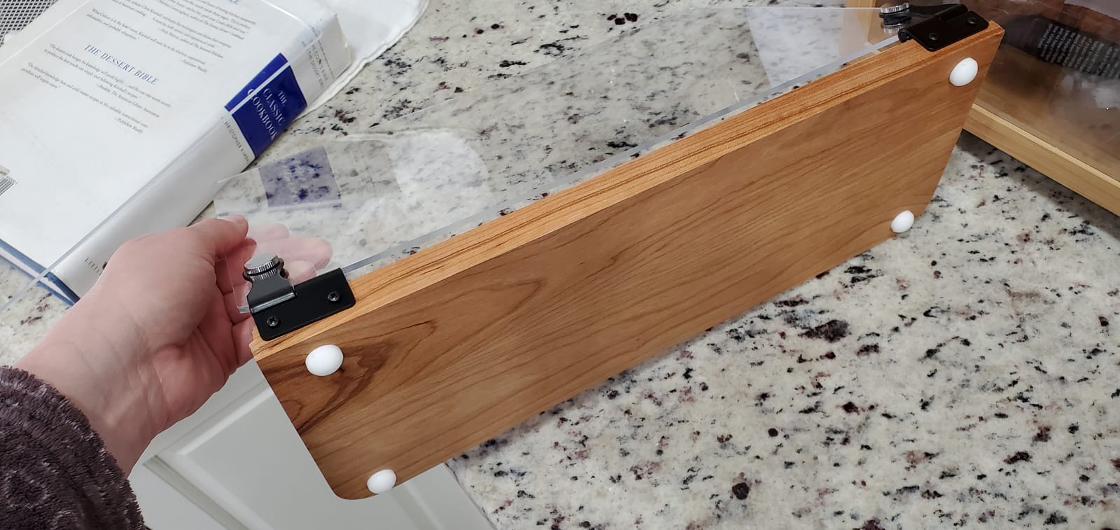 Deluxe Large Cookbook Holder - Acrylic Shield With Cherry Wood Base - Made in the USA customer photo 2