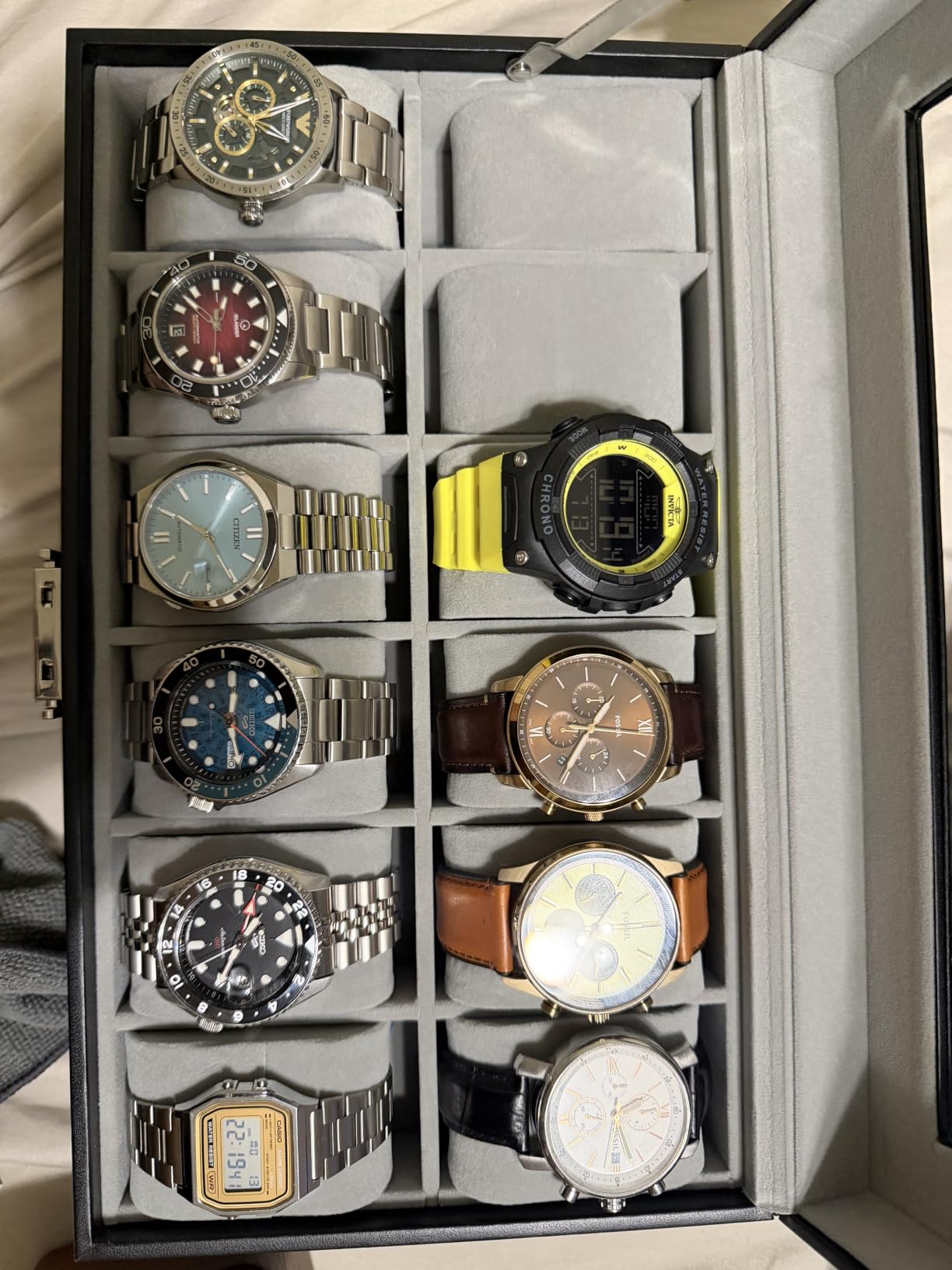 SONGMICS Watch Box, 12-Slot Watch Case Organizer with Large Glass Lid, 2 Layers, Removable Pillows, Metal Lock, Gift for Loved Ones, Black Synthetic Leather, Gray Lining UJWB012 | For Rings, Bracelets, Gift Idea, Black Synthetic Leather, Gray Lining, BRIDIE Collection, UJWB012G01 customer photo 2