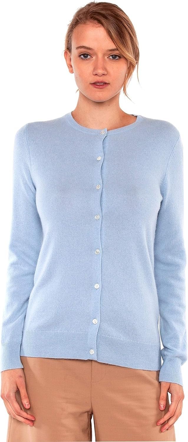 JENNIE LIU Women's 100% Cashmere Button Front Long Sleeve Crewneck Cardigan Sweater customer photo 1