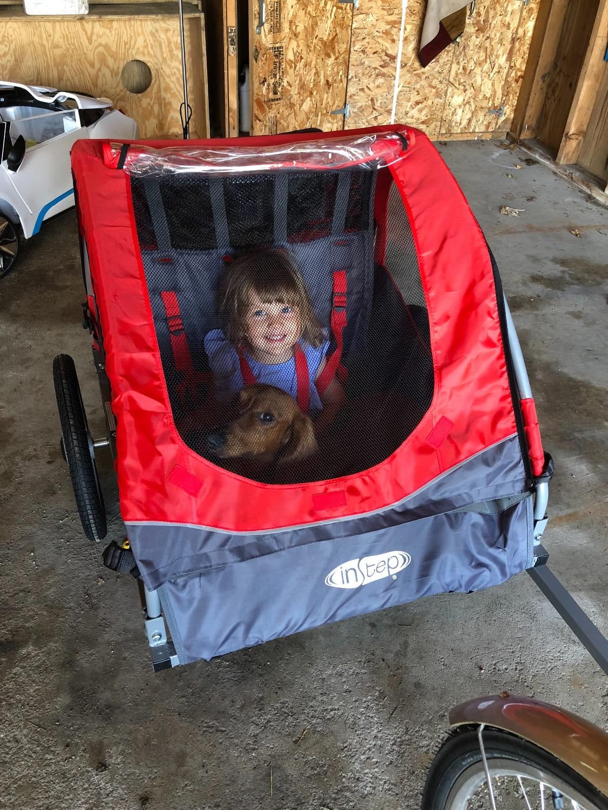 Instep Take 2 Double Seat Bike Child Trailer, Max Weight 80 lbs., 5-Point Harness, Folding Frame, Quick Release Wheels, Bug Screen & Weather Shield, Red customer photo 1