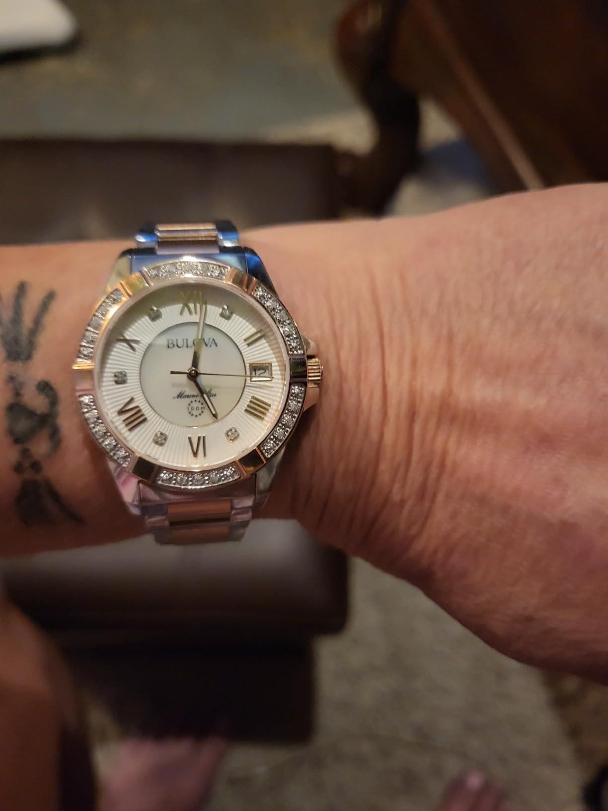 Bulova Ladies' Marine Star 'Series L' 3-Hand Day Date Quartz Diamond Watch, Sapphire Crystal, 100M Water Resistant, Mother-of-Pearl Dial, 34mm customer photo 1